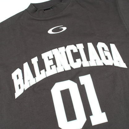 ロゴ刺繍 オーバーサイズ 半袖Tシャツ コットン ダークグレー ホワイト バレンシアガ トップス BALENCIAGA