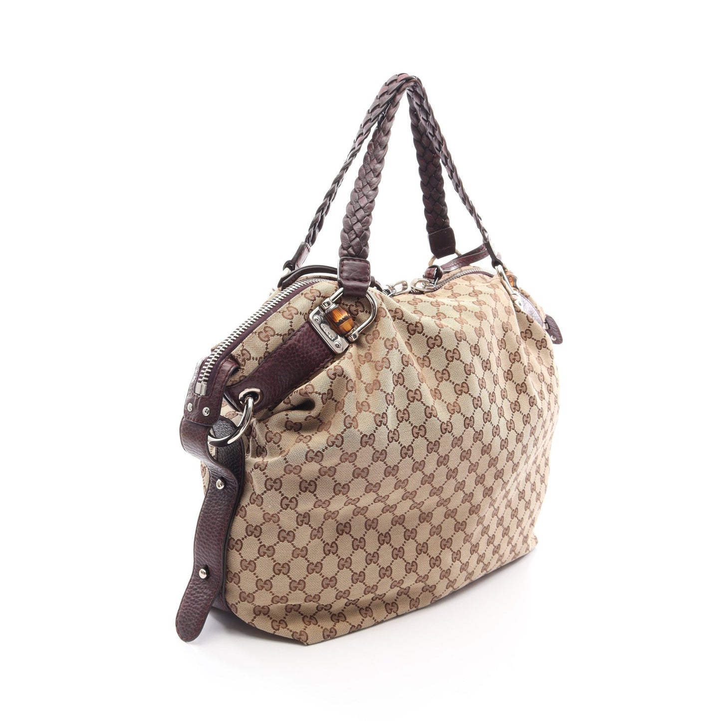 バンブー GGキャンバス ハンドバッグ トートバッグ キャンバス レザー ベージュ パープル グッチ バッグ GUCCI