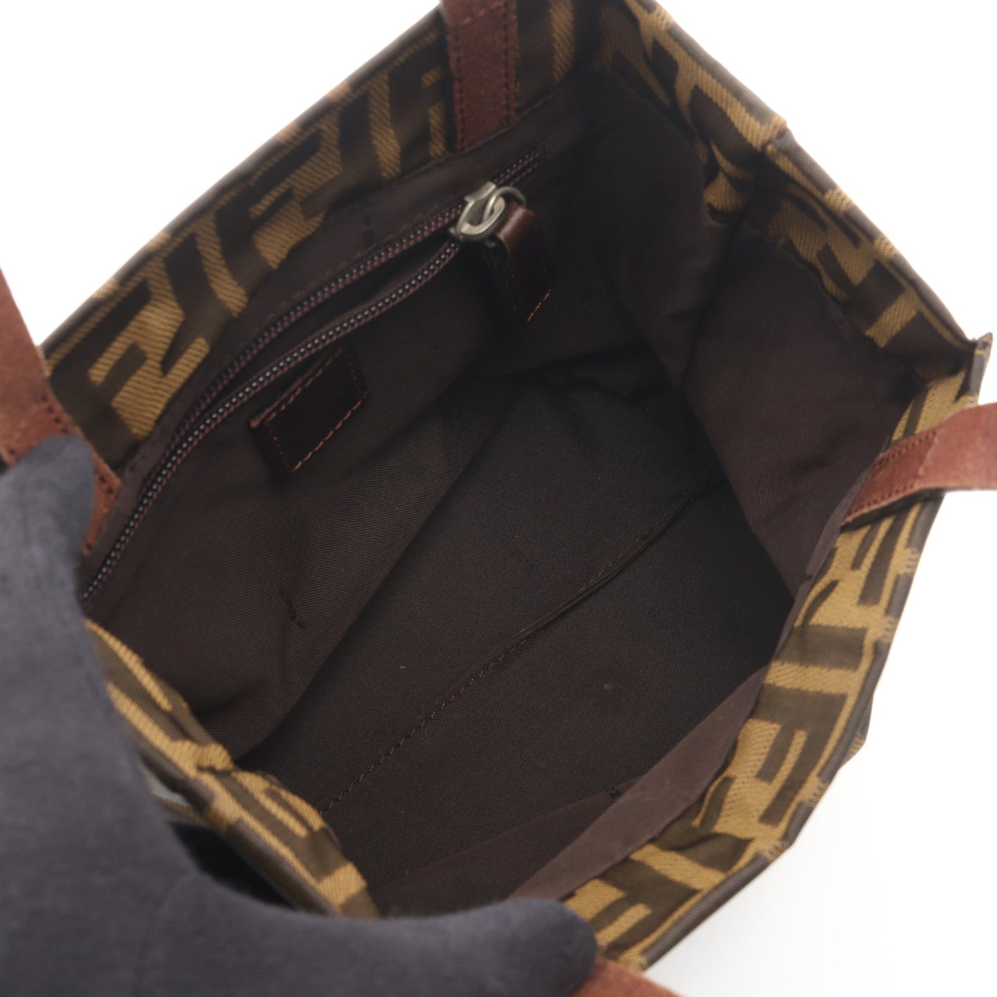 ズッカ ミニトート ハンドバッグ キャンバス レザー ブラウン ダークブラウン フェンディ バッグ FENDI