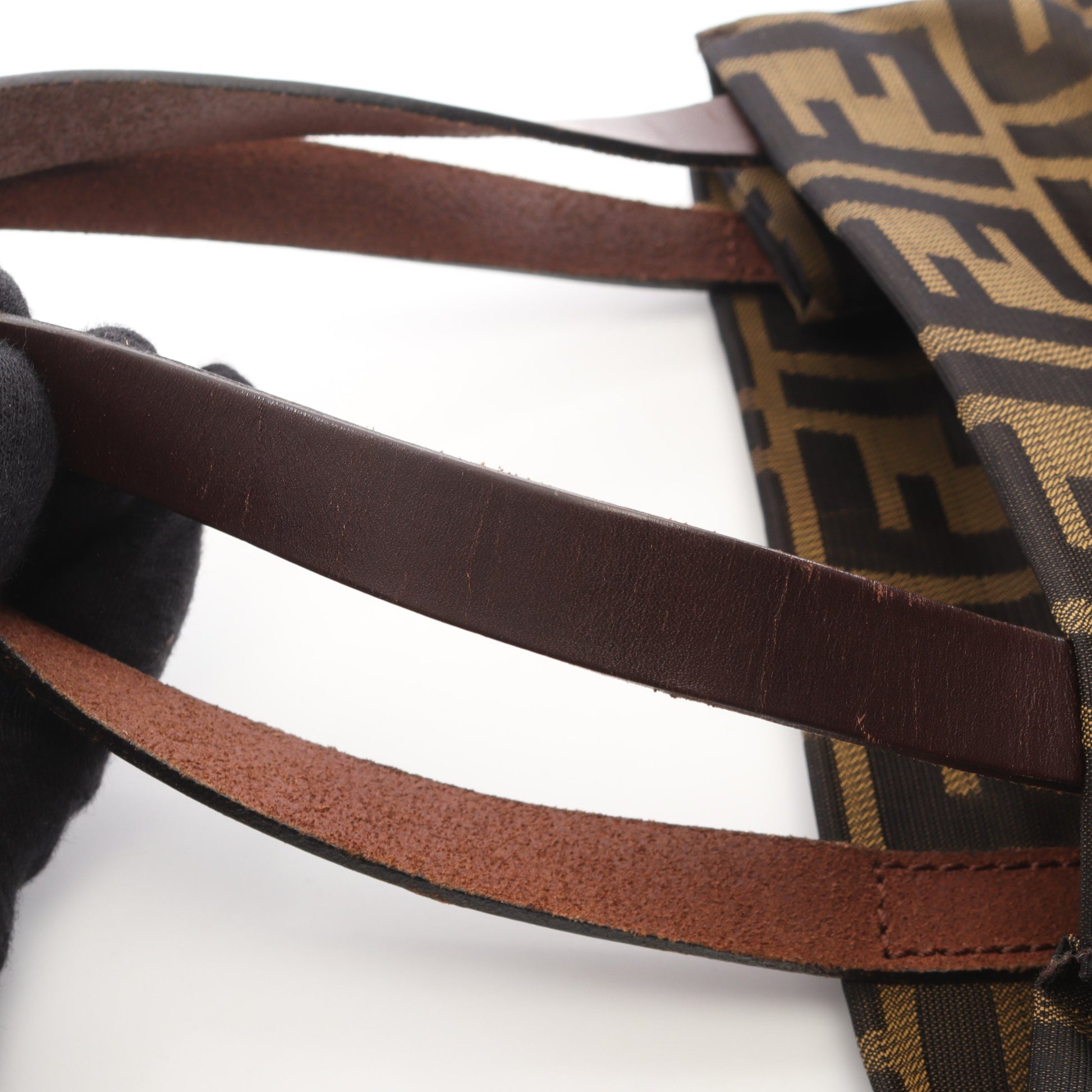 ズッカ ミニトート ハンドバッグ キャンバス レザー ブラウン ダークブラウン フェンディ バッグ FENDI