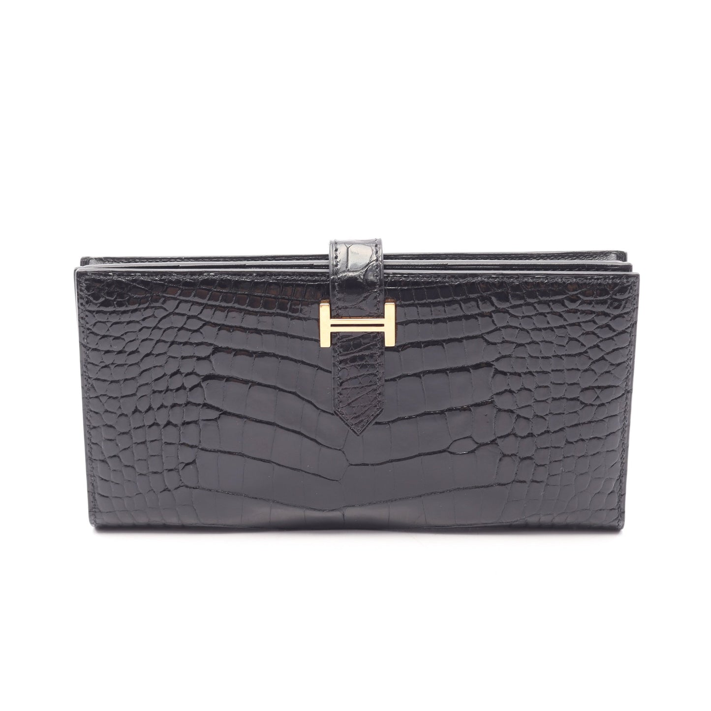 ベアンスフレ 二つ折り長財布 アリゲーターリセ ブラック ゴールド金具 Y刻印 エルメス 財布・小物 HERMES