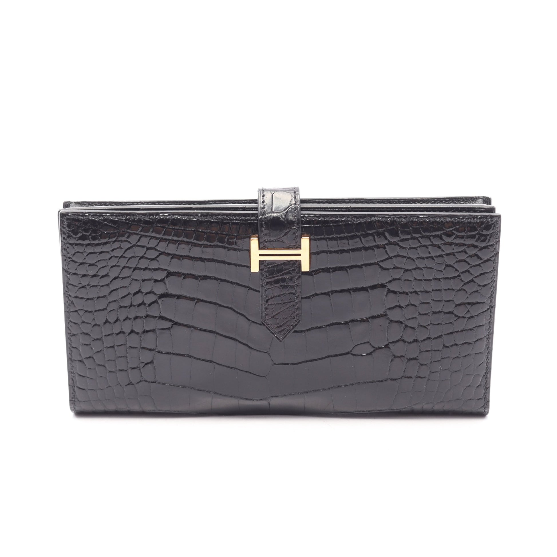 ベアンスフレ 二つ折り長財布 アリゲーターリセ ブラック ゴールド金具 Y刻印 エルメス 財布・小物 HERMES