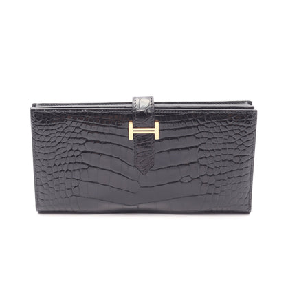 ベアンスフレ 二つ折り長財布 アリゲーターリセ ブラック ゴールド金具 Y刻印 エルメス 財布・小物 HERMES