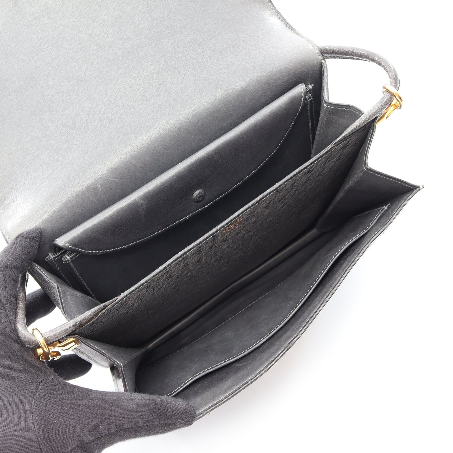 リングドゥ ショルダーバッグ オーストリッチ グレー ゴールド金具 ○N刻印 エルメス バッグ HERMES
