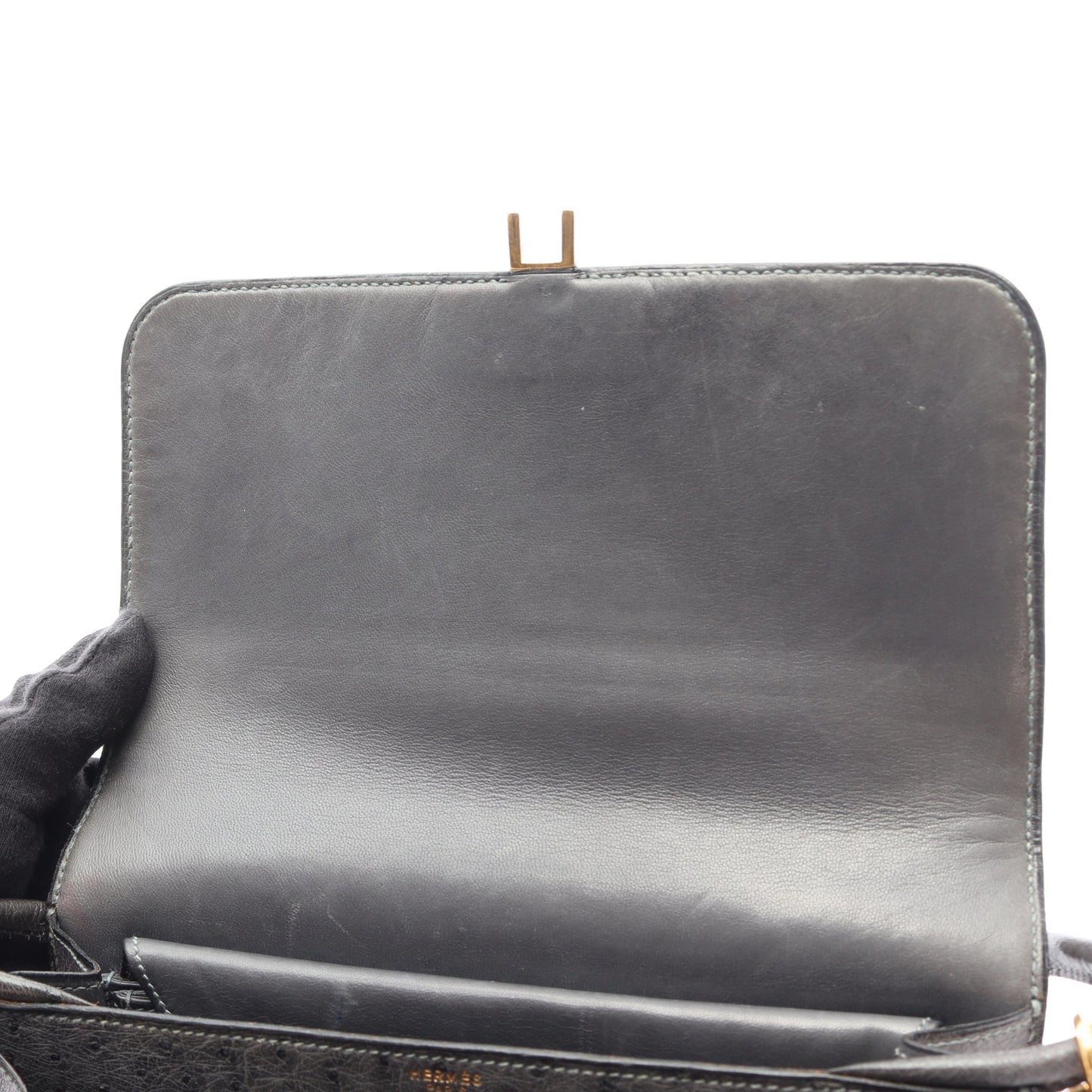 リングドゥ ショルダーバッグ オーストリッチ グレー ゴールド金具 ○N刻印 エルメス バッグ HERMES