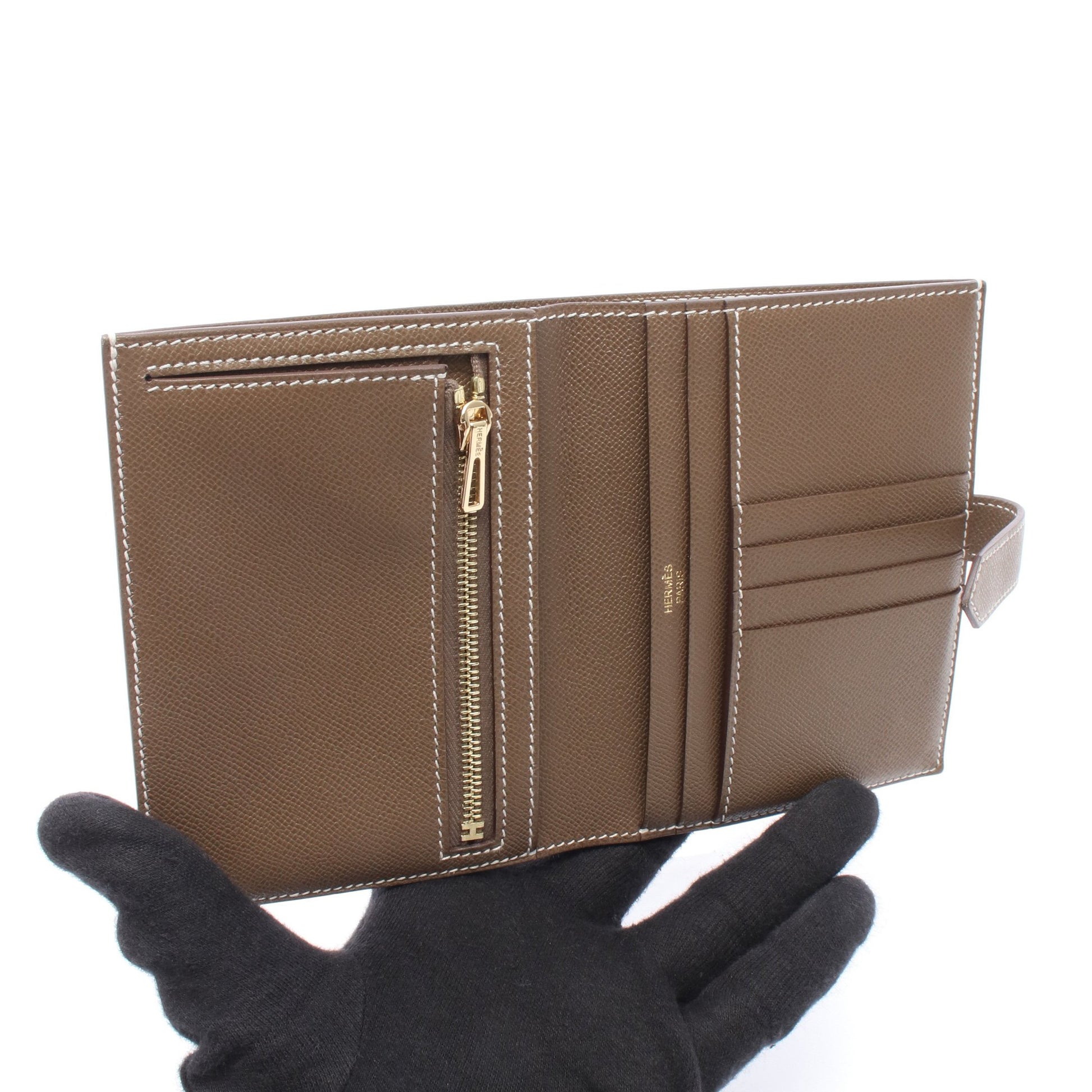 ベアンコンパクト エトゥープ 二つ折り財布 ヴォーマダム グレーブラウン ゴールド金具 K刻印 エルメス 財布・小物 HERMES