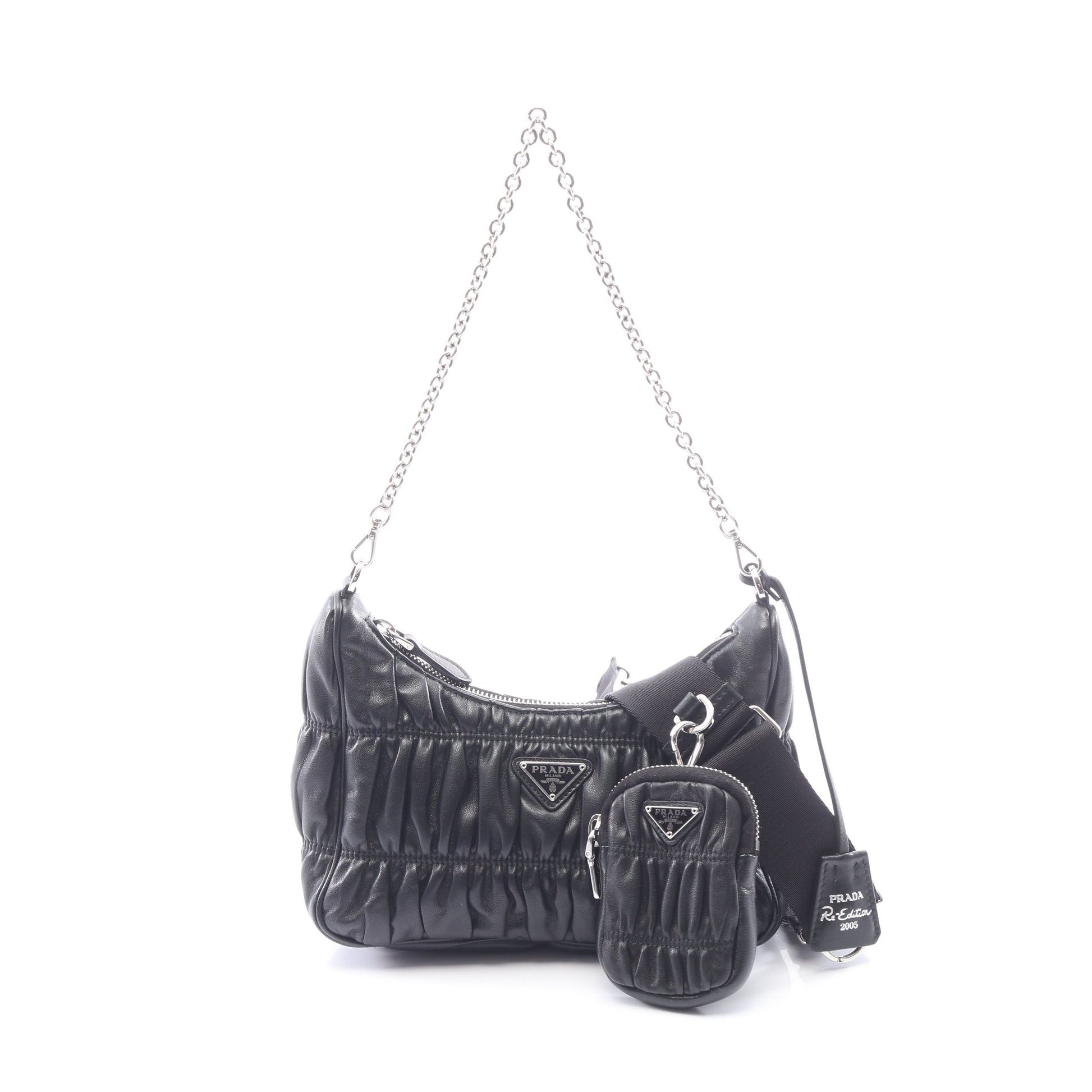 Re-Edition 2005 2WAY チェーンショルダーバッグ レザー ブラック プラダ バッグ PRADA