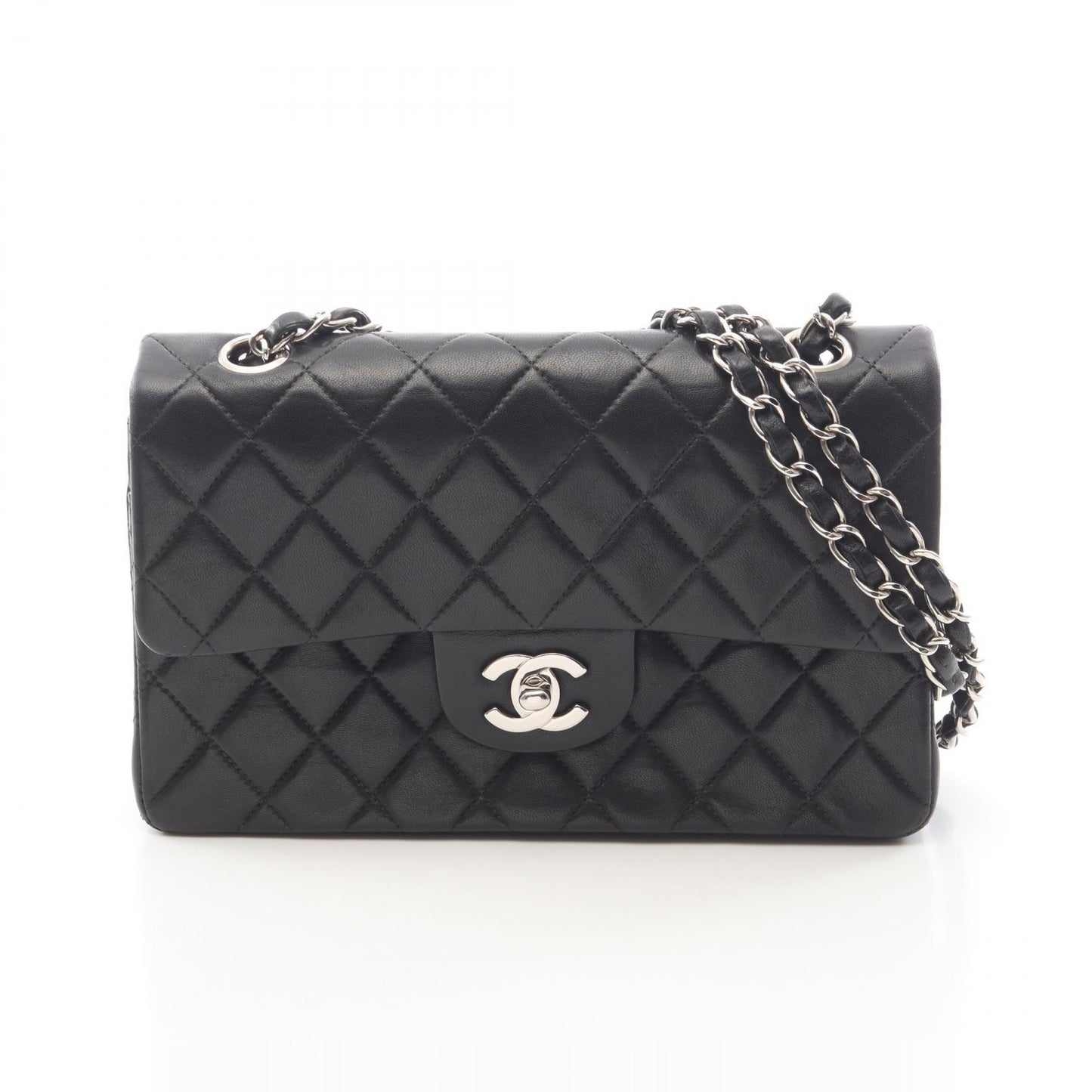 マトラッセ Wフラップ Wチェーンショルダーバッグ ラムスキン ブラック シルバー金具 シャネル バッグ CHANEL