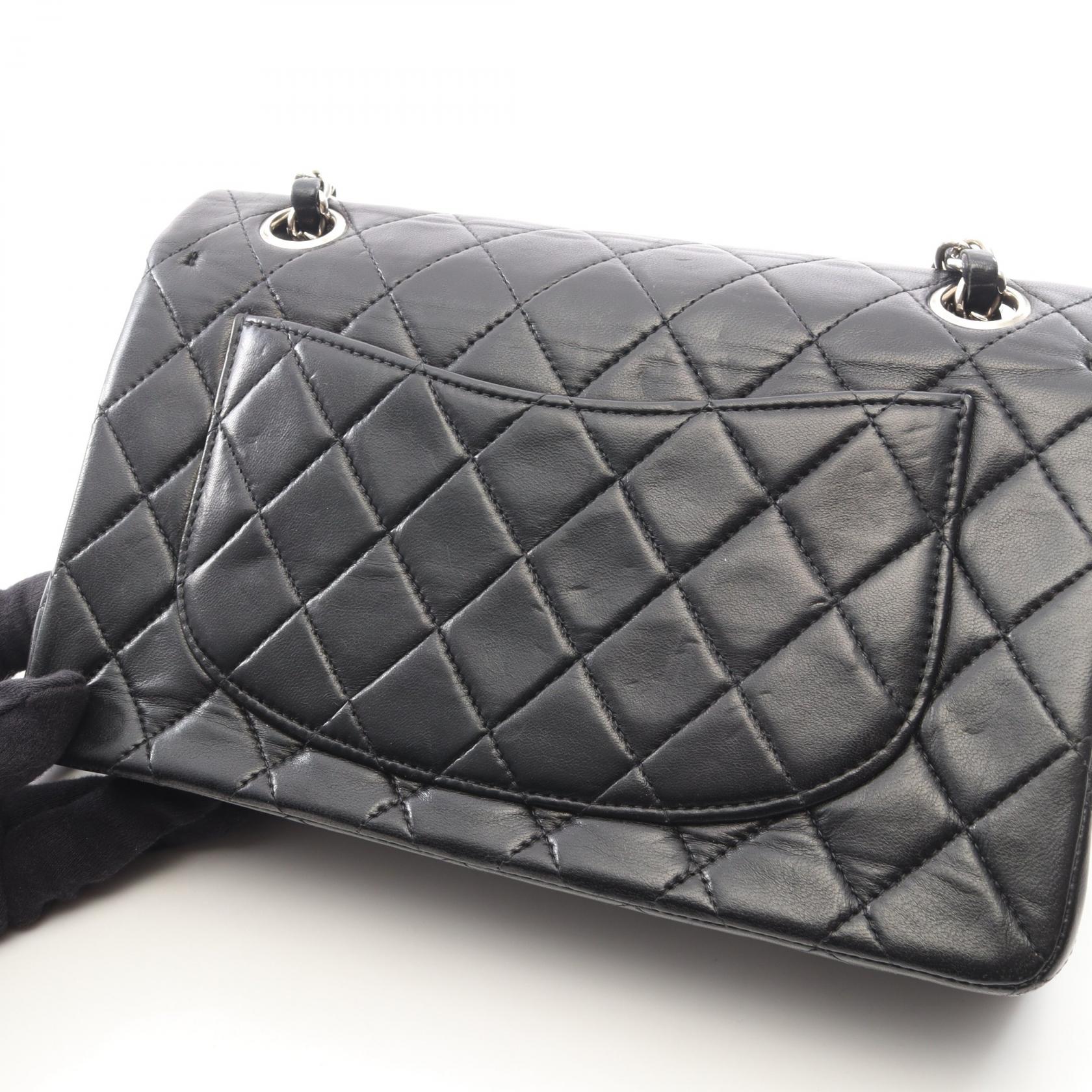 マトラッセ Wフラップ Wチェーンショルダーバッグ ラムスキン ブラック シルバー金具 シャネル バッグ CHANEL