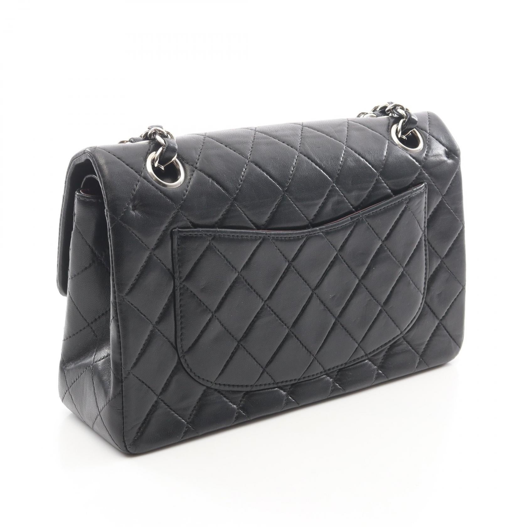 マトラッセ Wフラップ Wチェーンショルダーバッグ ラムスキン ブラック シルバー金具 シャネル バッグ CHANEL