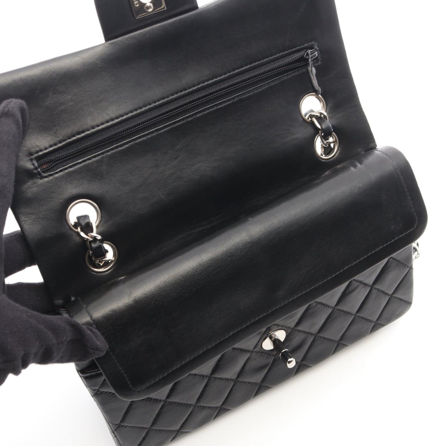 マトラッセ Wフラップ Wチェーンショルダーバッグ ラムスキン ブラック シルバー金具 シャネル バッグ CHANEL