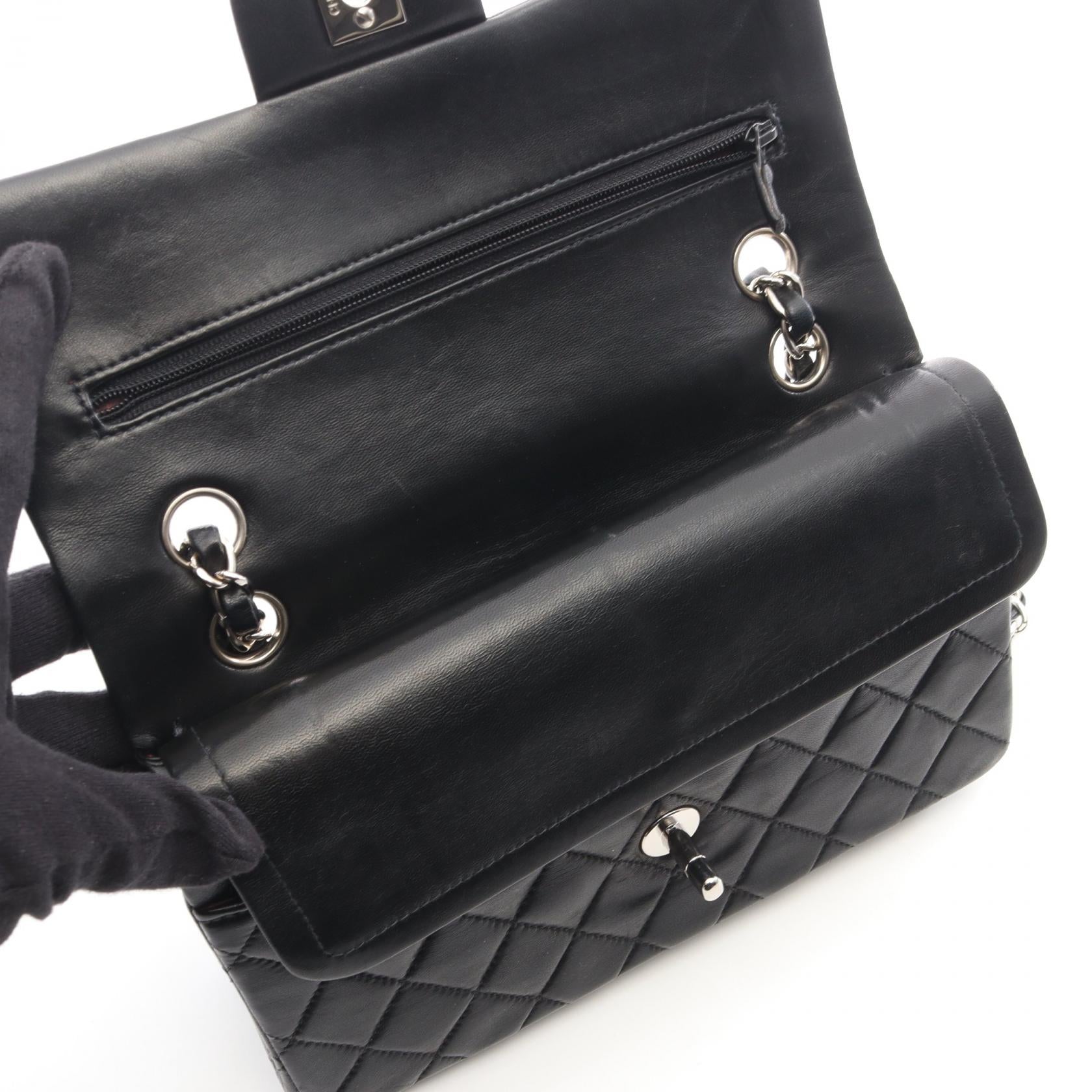 マトラッセ Wフラップ Wチェーンショルダーバッグ ラムスキン ブラック シルバー金具 シャネル バッグ CHANEL