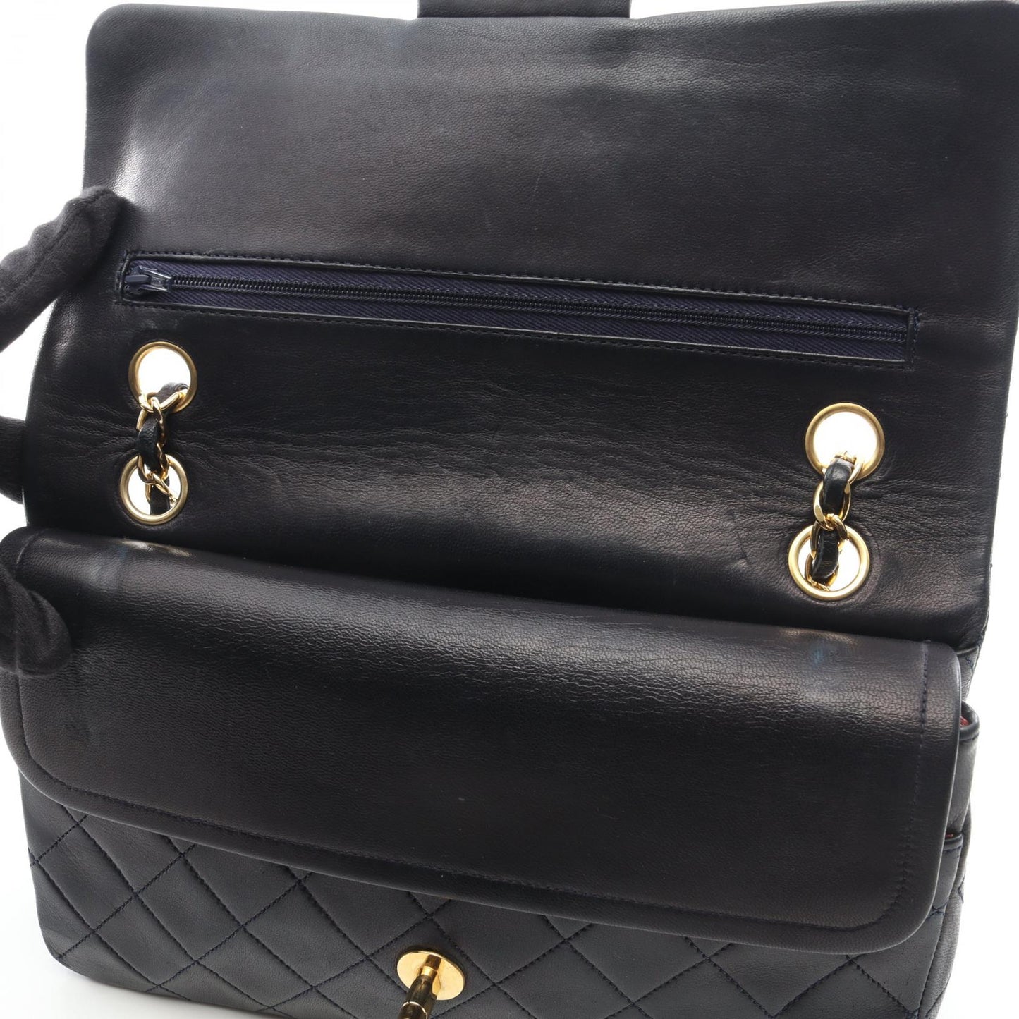 マトラッセ Wフラップ Wチェーンショルダーバッグ ラムスキン ダークネイビー ゴールド金具 シャネル バッグ CHANEL