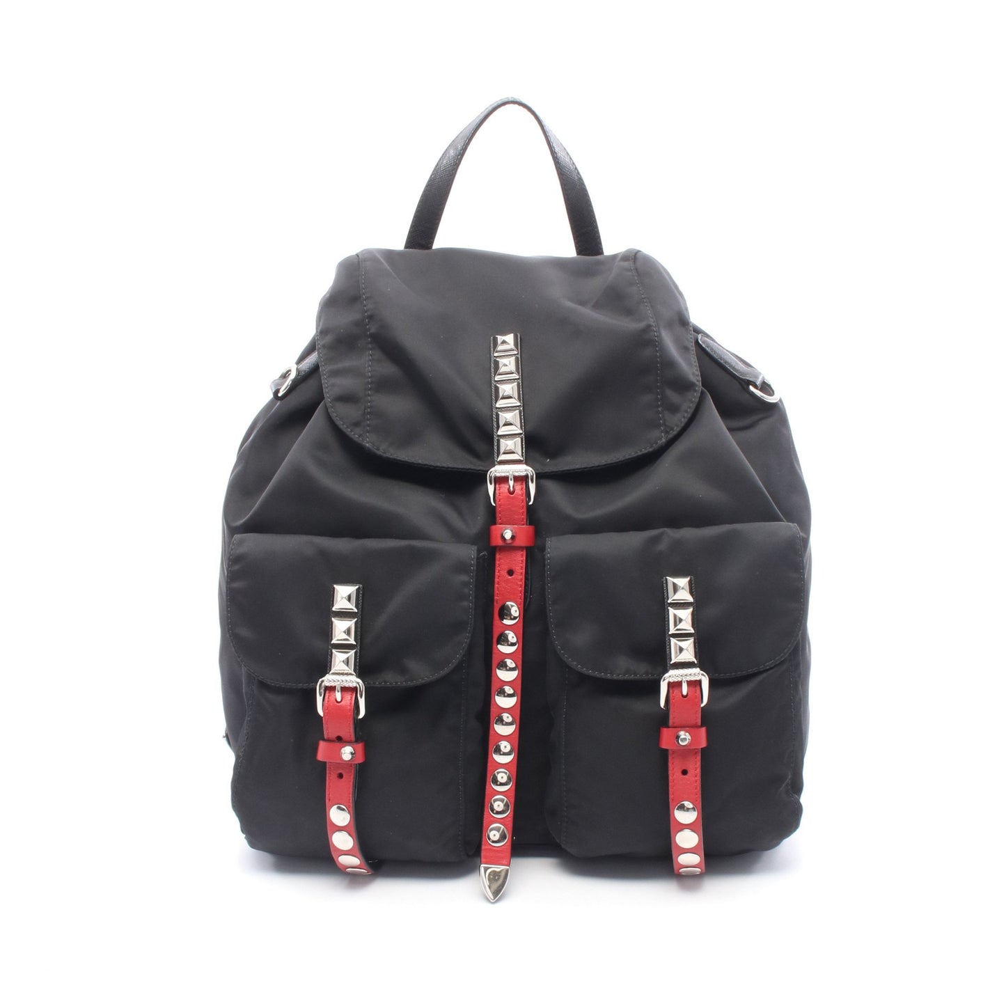 NEW VELA スタッズ バックパック リュックサック ナイロン レザー ブラック レッド プラダ バッグ PRADA