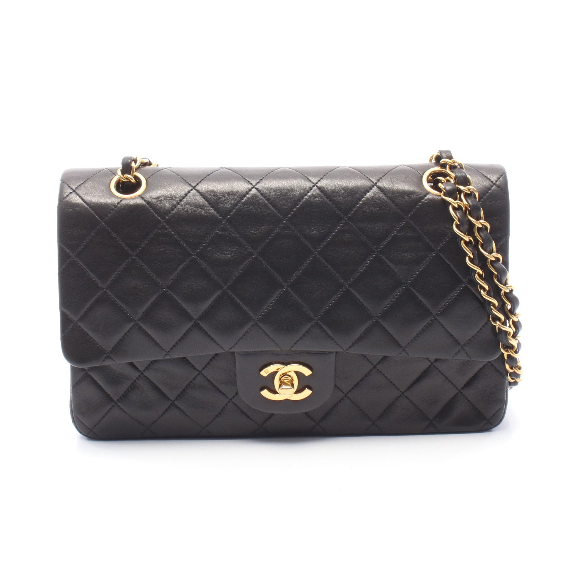 マトラッセ Wフラップ Wチェーンショルダーバッグ ラムスキン ブラック ゴールド金具 ヴィンテージ シャネル バッグ CHANEL