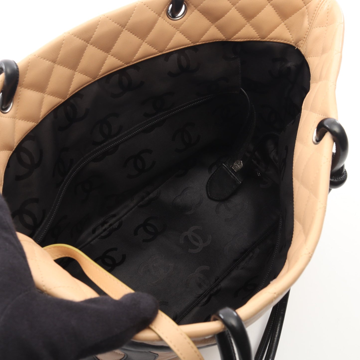 カンボンライン ラージ ショルダーバッグ トートバッグ レザー ベージュ ブラック シルバー金具 シャネル