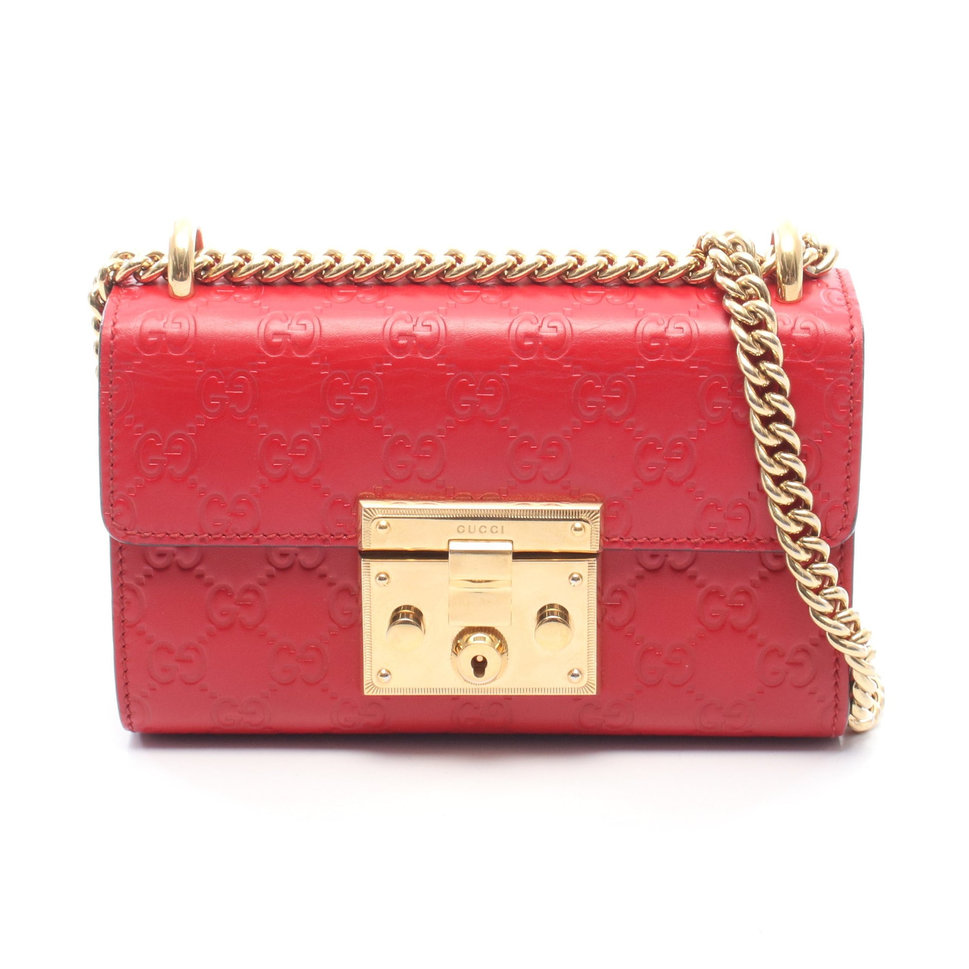 パドロック スモール グッチシマ チェーンショルダーバッグ レザー レッド グッチ バッグ GUCCI