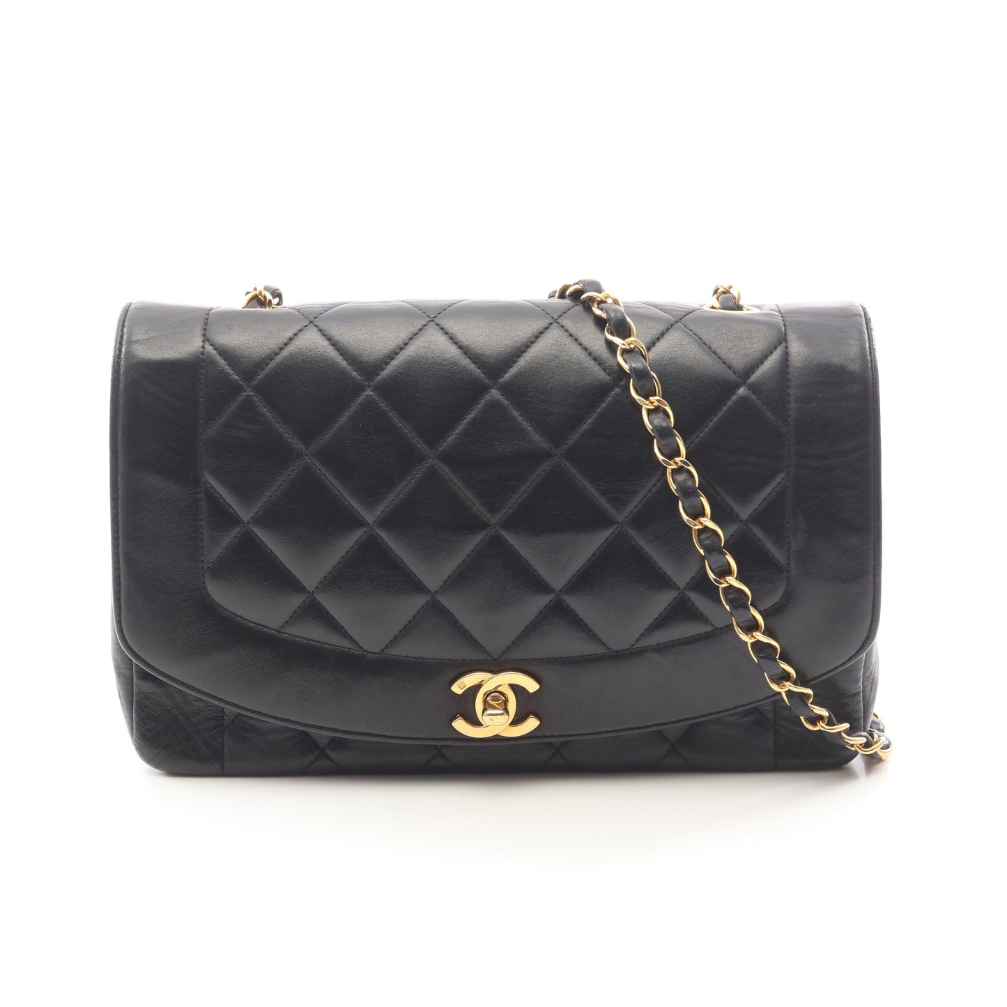 マトラッセ ダイアナフラップ チェーンショルダーバッグ ラムスキン ブラック ゴールド金具 シャネル バッグ CHANEL