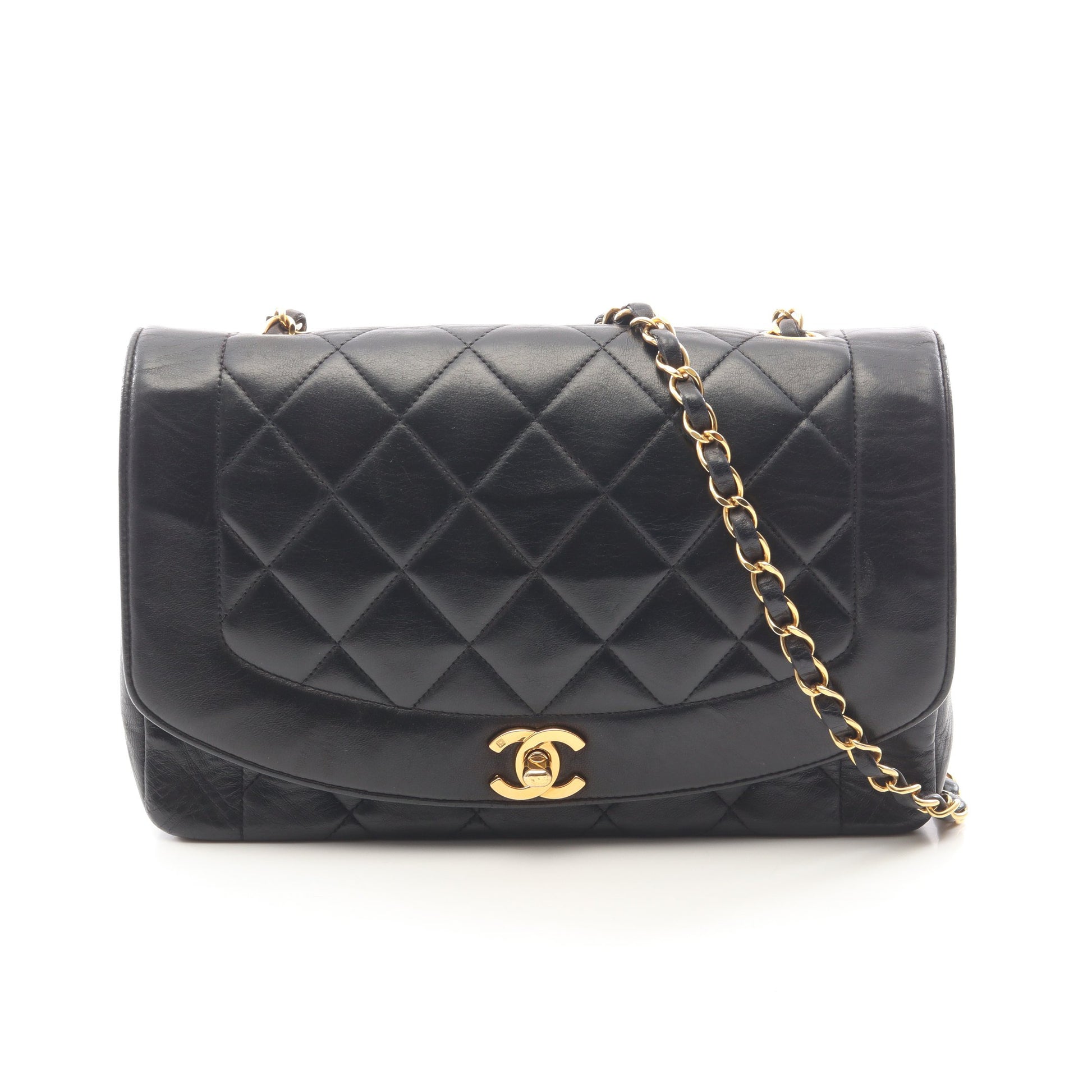 マトラッセ ダイアナフラップ チェーンショルダーバッグ ラムスキン ブラック ゴールド金具 シャネル バッグ CHANEL