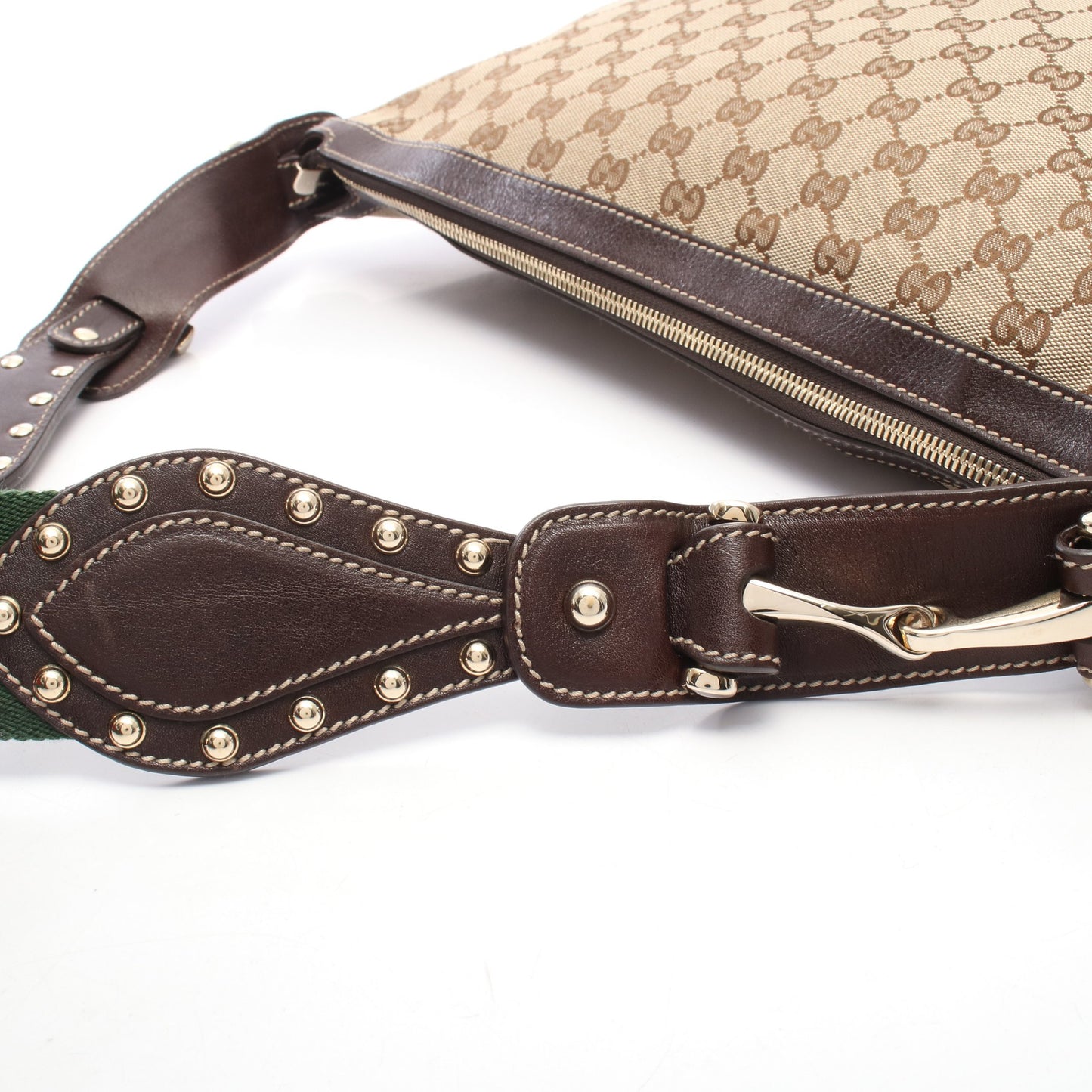 GGキャンバス シェリーライン スタッズ ショルダーバッグ キャンバス レザー ベージュ ダークブラウン グッチ バッグ GUCCI