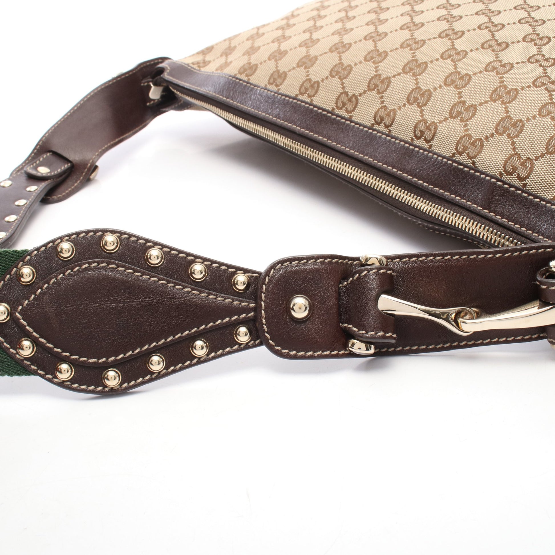 GGキャンバス シェリーライン スタッズ ショルダーバッグ キャンバス レザー ベージュ ダークブラウン グッチ バッグ GUCCI