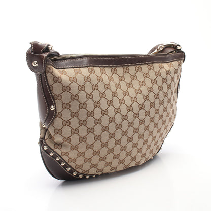 GGキャンバス シェリーライン スタッズ ショルダーバッグ キャンバス レザー ベージュ ダークブラウン グッチ バッグ GUCCI