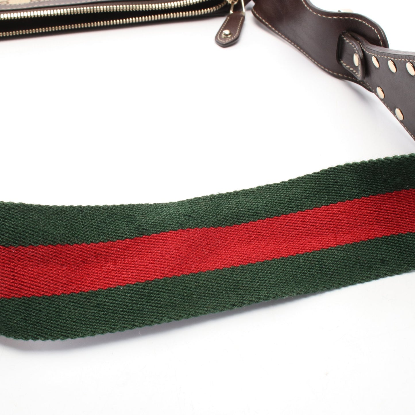 GGキャンバス シェリーライン スタッズ ショルダーバッグ キャンバス レザー ベージュ ダークブラウン グッチ バッグ GUCCI