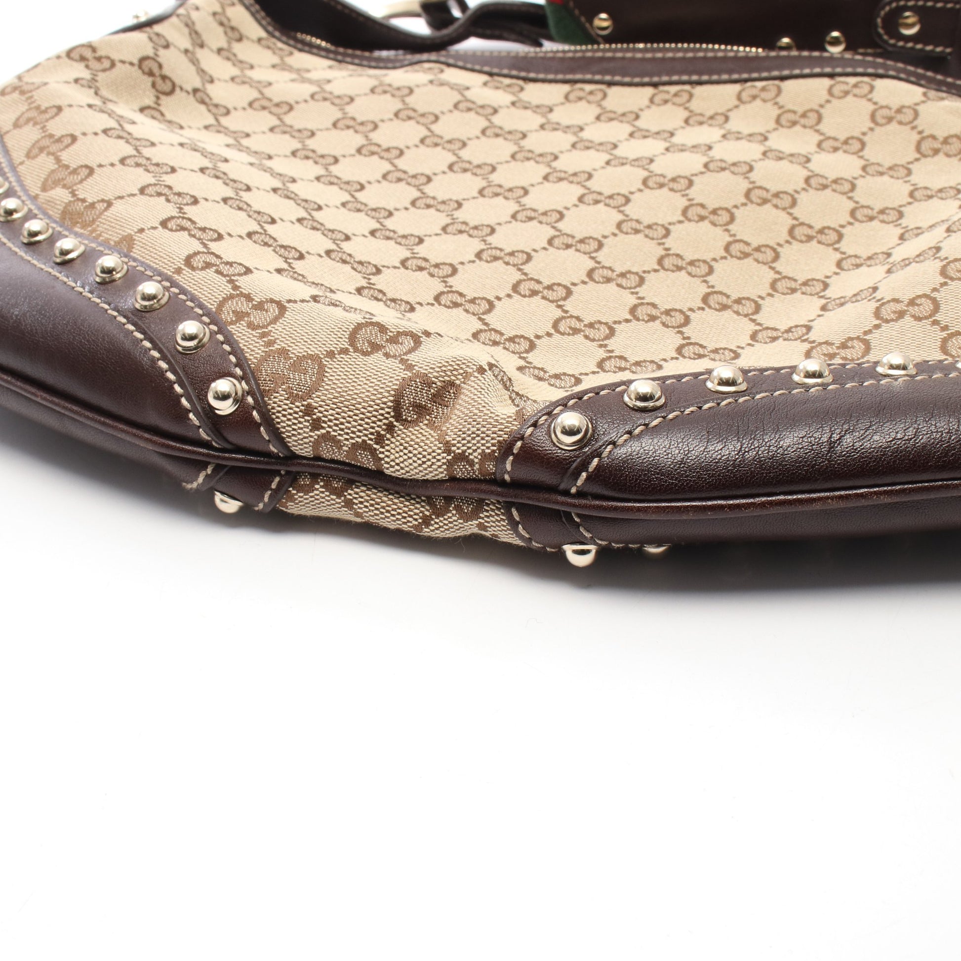 GGキャンバス シェリーライン スタッズ ショルダーバッグ キャンバス レザー ベージュ ダークブラウン グッチ バッグ GUCCI