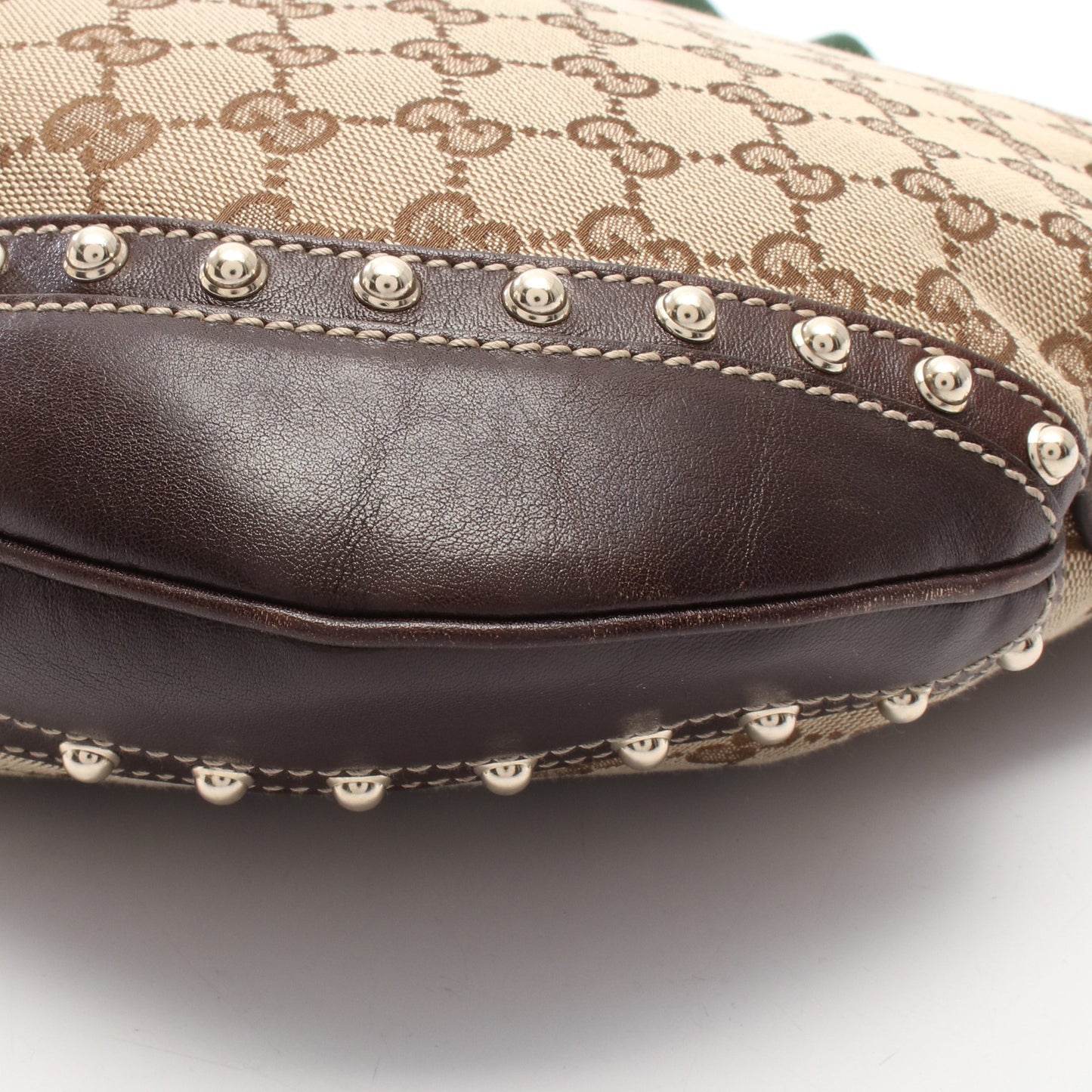 GGキャンバス シェリーライン スタッズ ショルダーバッグ キャンバス レザー ベージュ ダークブラウン グッチ バッグ GUCCI