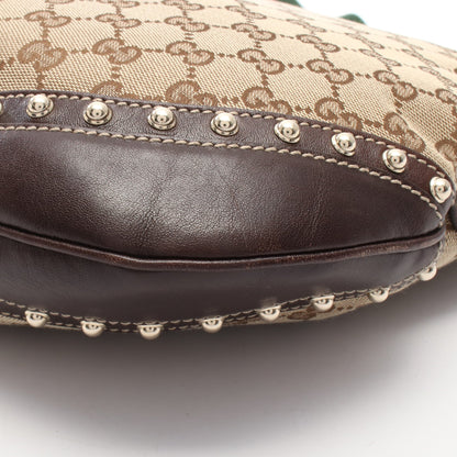 GGキャンバス シェリーライン スタッズ ショルダーバッグ キャンバス レザー ベージュ ダークブラウン グッチ バッグ GUCCI