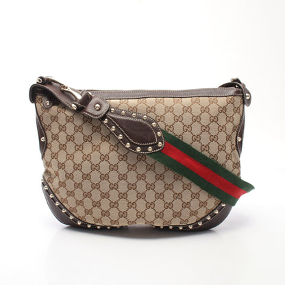GGキャンバス シェリーライン スタッズ ショルダーバッグ キャンバス レザー ベージュ ダークブラウン グッチ バッグ GUCCI