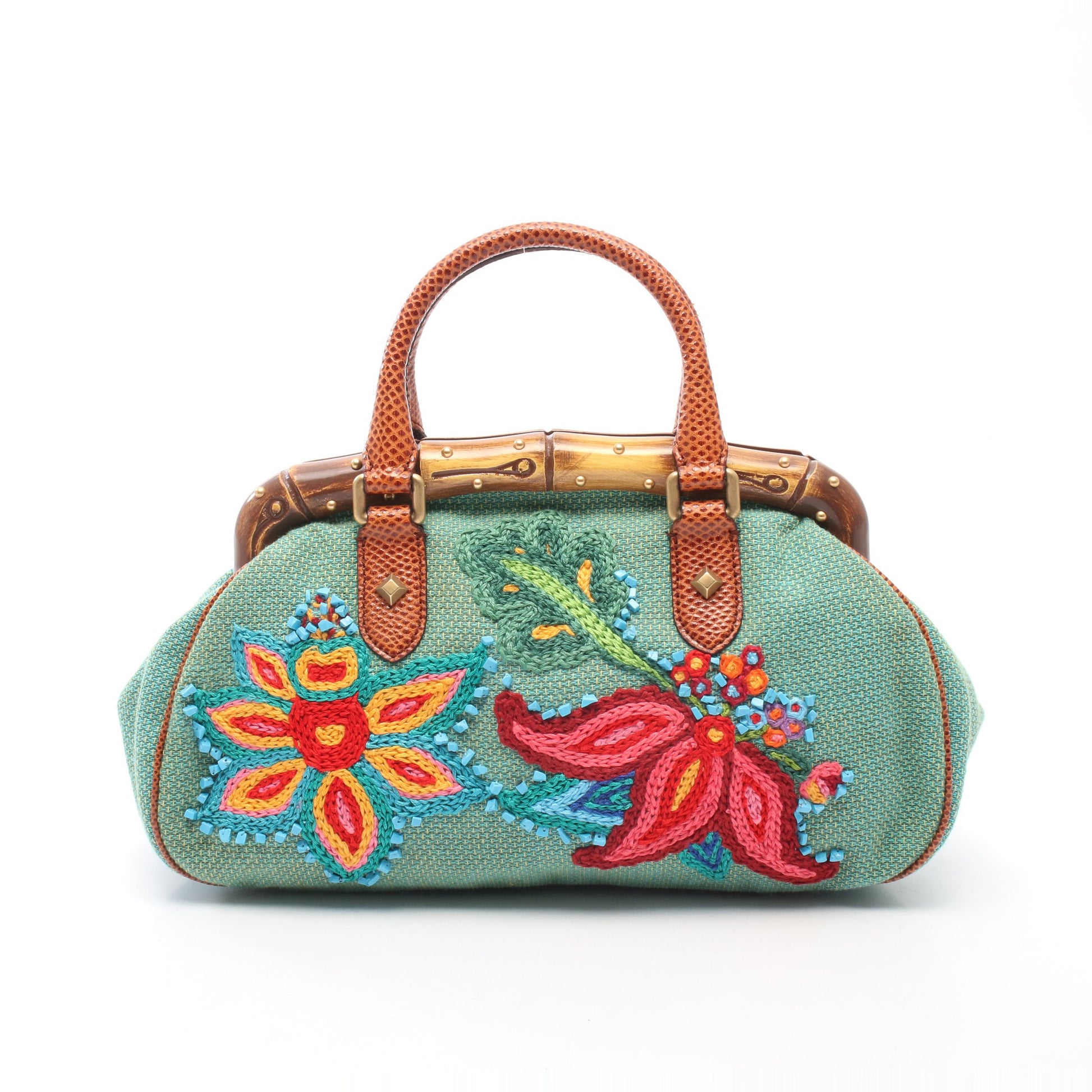 バンブー フラワー刺繍 ハンドバッグ ファブリック リザード グリーン マルチカラー グッチ バッグ GUCCI