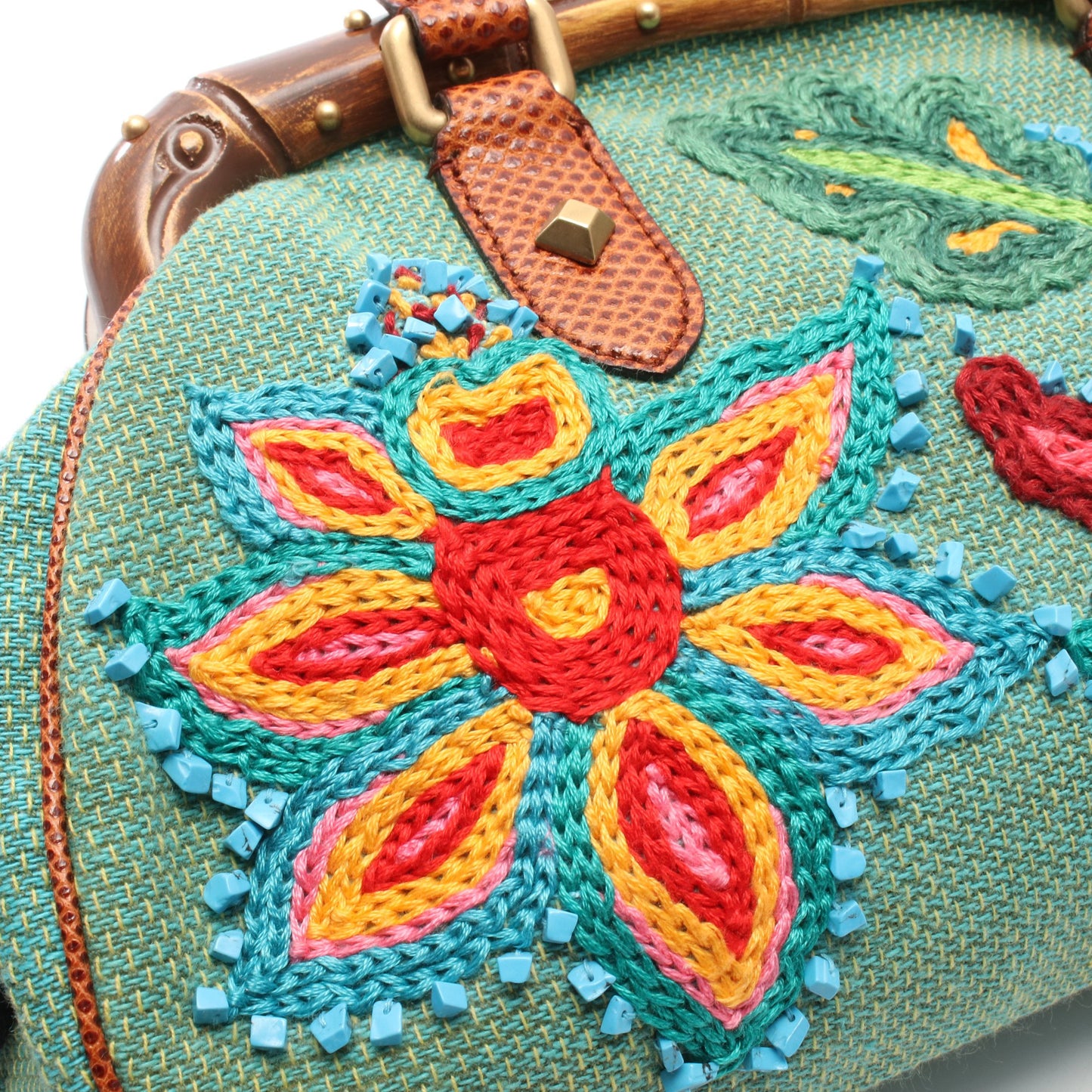 バンブー フラワー刺繍 ハンドバッグ ファブリック リザード グリーン マルチカラー グッチ バッグ GUCCI