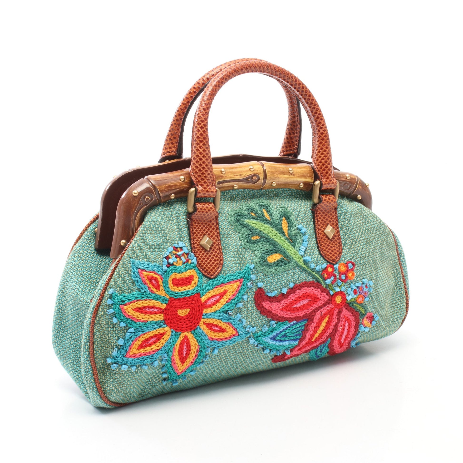 バンブー フラワー刺繍 ハンドバッグ ファブリック リザード グリーン マルチカラー グッチ バッグ GUCCI