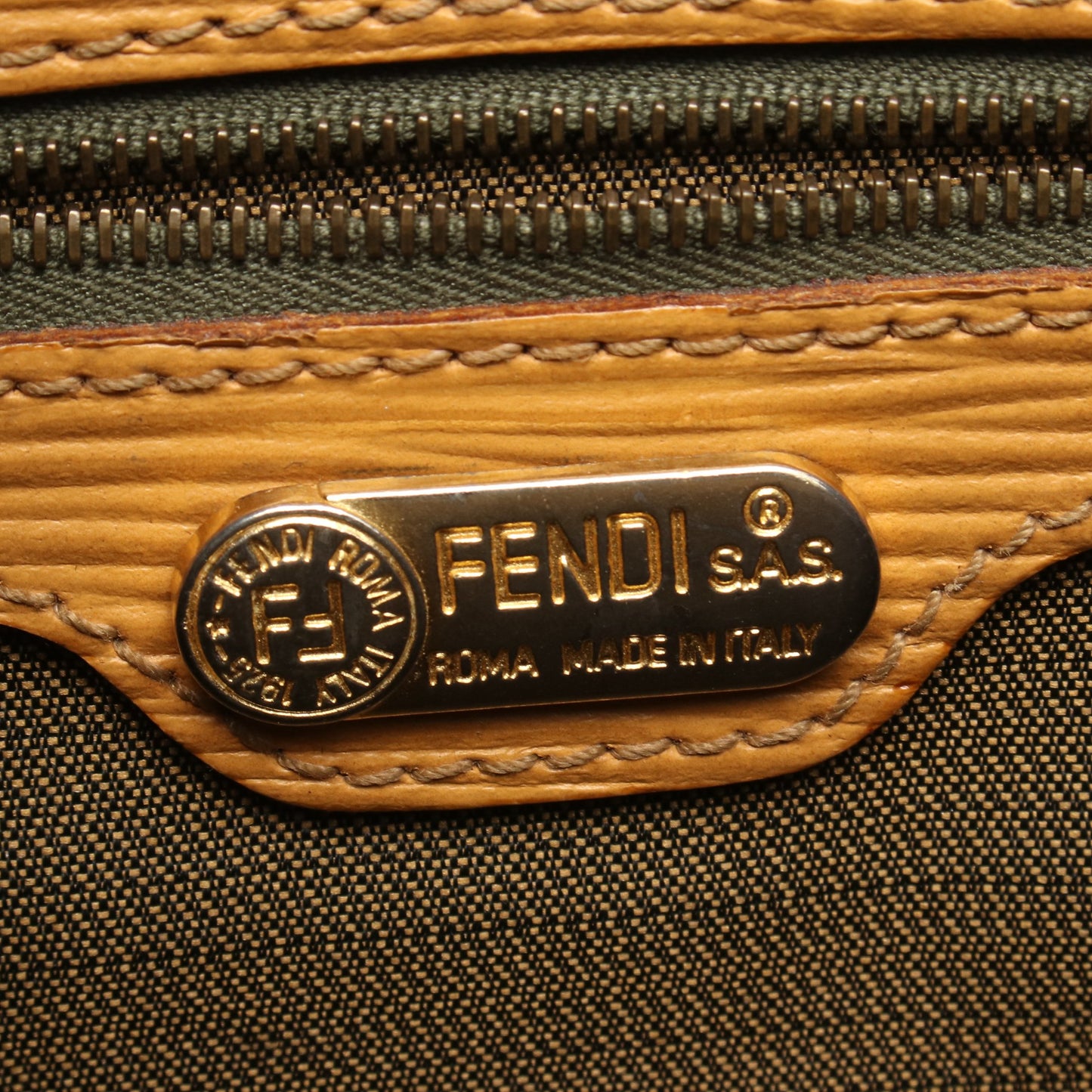 ズッカ ハンドバッグ キャンバス レザー ダークブラウン ライトオレンジ フェンディ バッグ FENDI