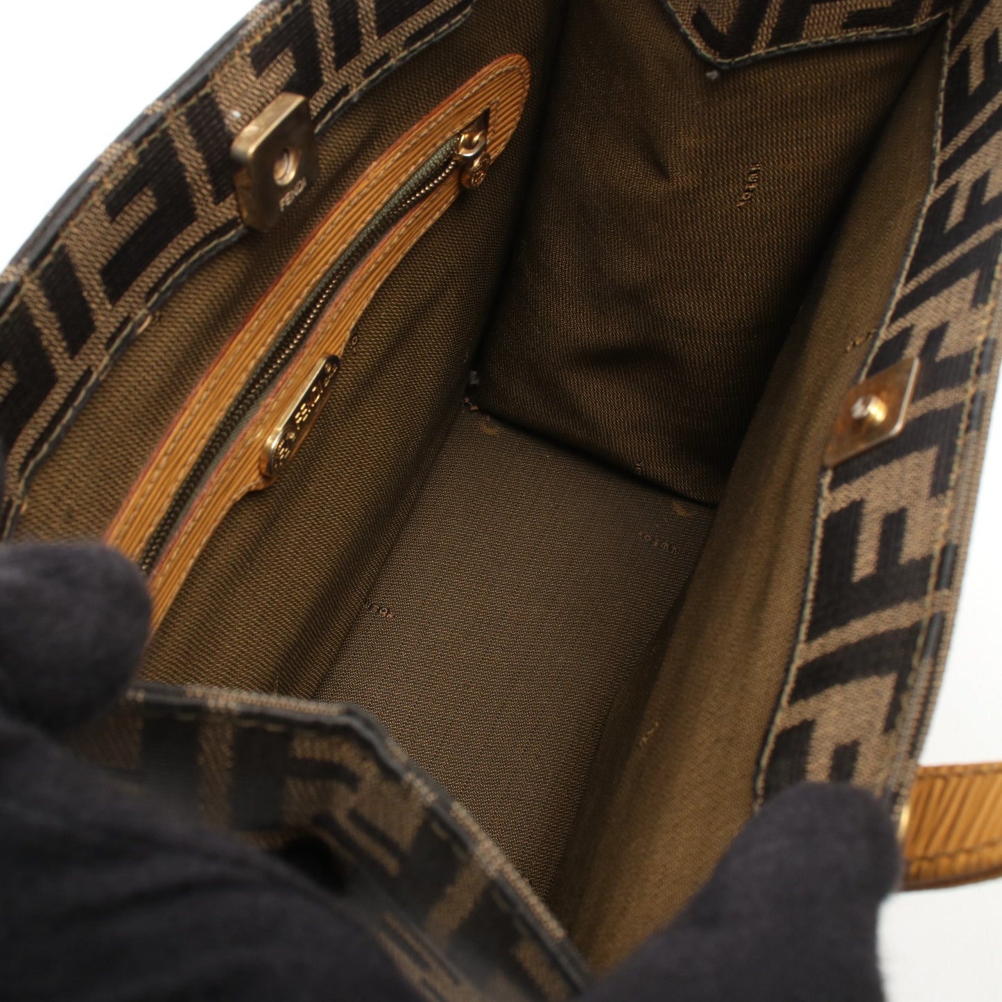 ズッカ ハンドバッグ キャンバス レザー ダークブラウン ライトオレンジ フェンディ バッグ FENDI