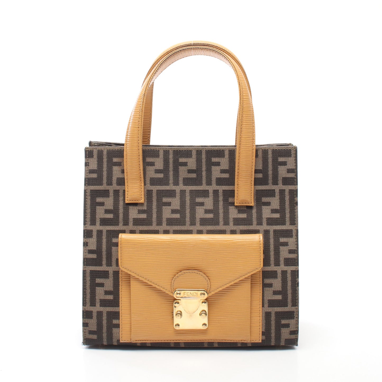 ズッカ ハンドバッグ キャンバス レザー ダークブラウン ライトオレンジ フェンディ バッグ FENDI