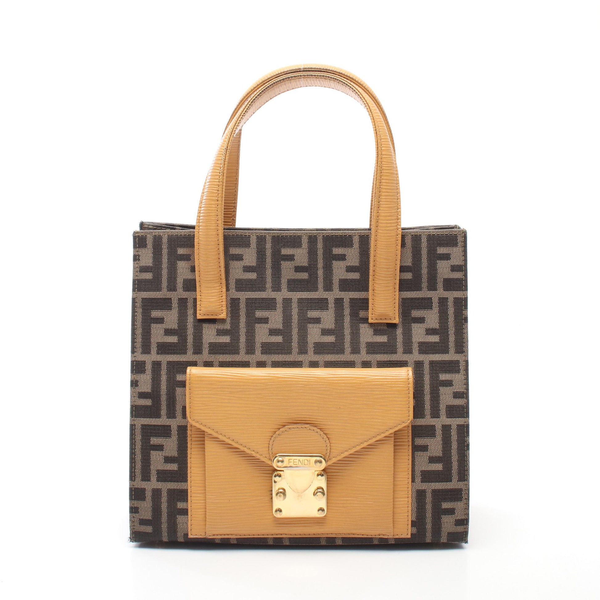 ズッカ ハンドバッグ キャンバス レザー ダークブラウン ライトオレンジ フェンディ バッグ FENDI