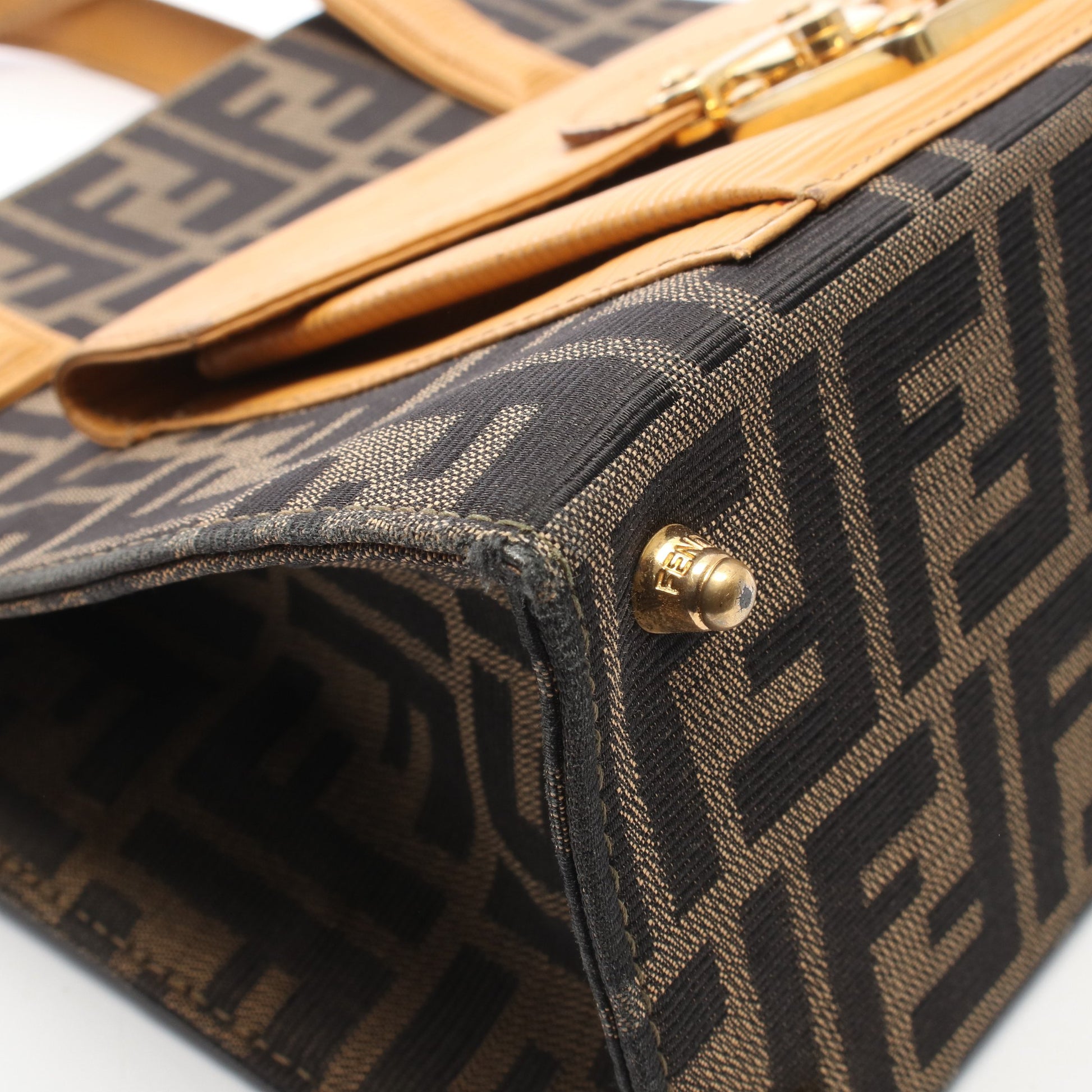 ズッカ ハンドバッグ キャンバス レザー ダークブラウン ライトオレンジ フェンディ バッグ FENDI