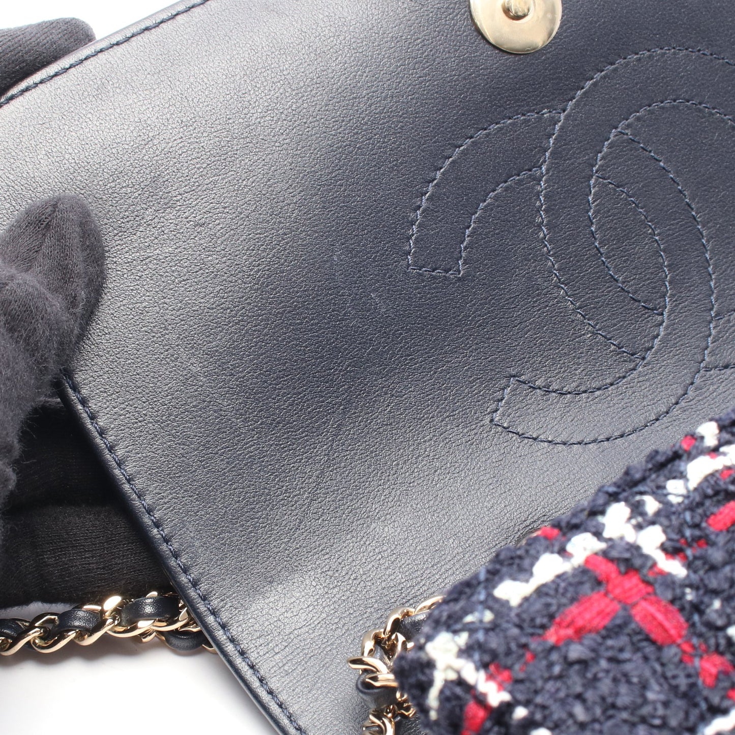 CCフィリグリー チェーンショルダーバッグ ツイード レザー ネイビー レッド ホワイト ゴールド金具 シャネル バッグ CHANEL