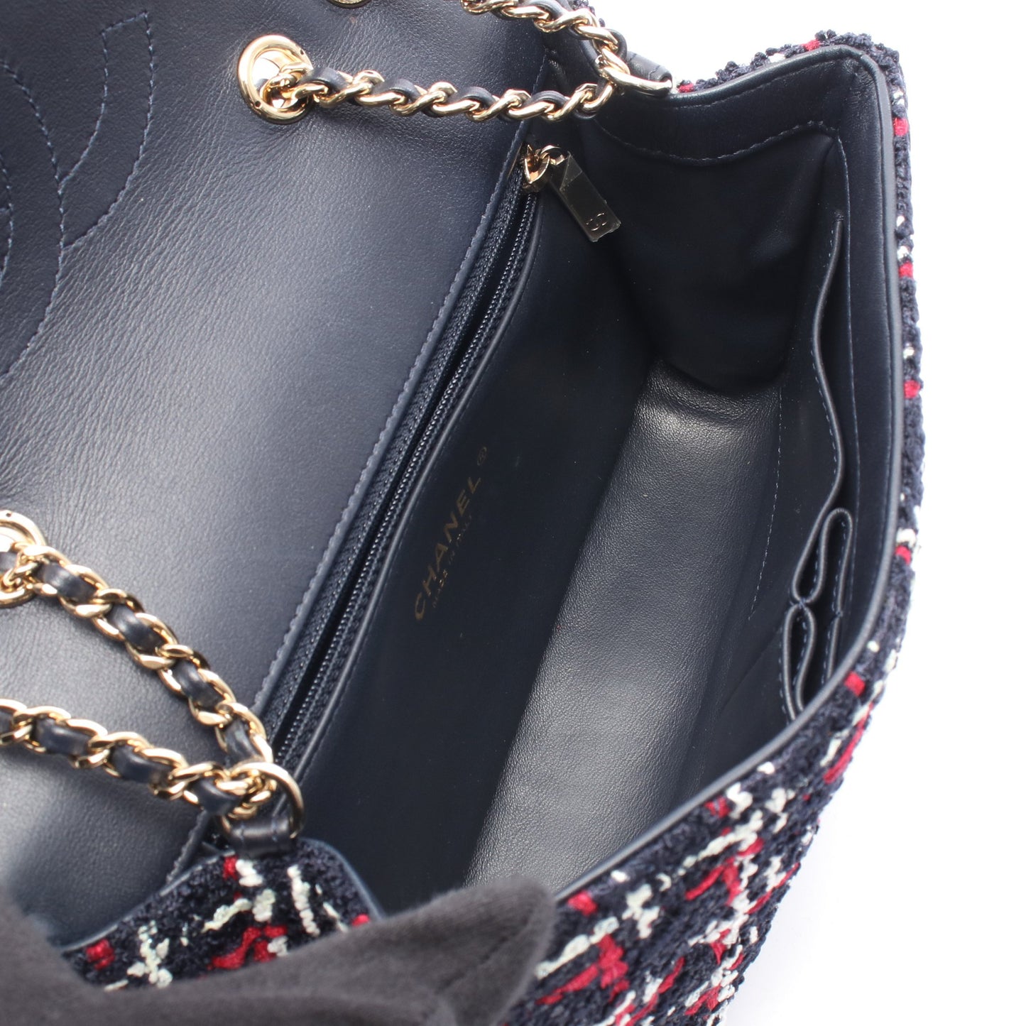 CCフィリグリー チェーンショルダーバッグ ツイード レザー ネイビー レッド ホワイト ゴールド金具 シャネル バッグ CHANEL