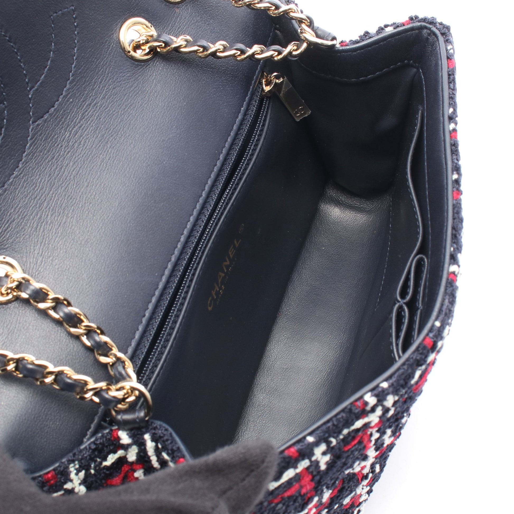CCフィリグリー チェーンショルダーバッグ ツイード レザー ネイビー レッド ホワイト ゴールド金具 シャネル バッグ CHANEL