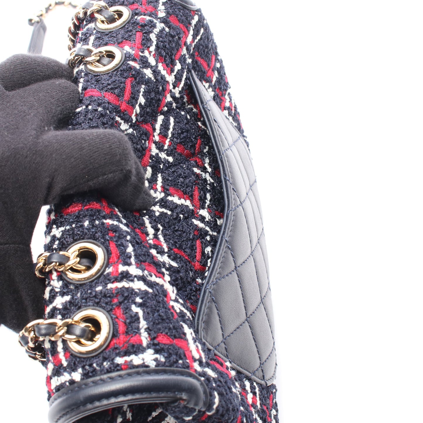 CCフィリグリー チェーンショルダーバッグ ツイード レザー ネイビー レッド ホワイト ゴールド金具 シャネル バッグ CHANEL