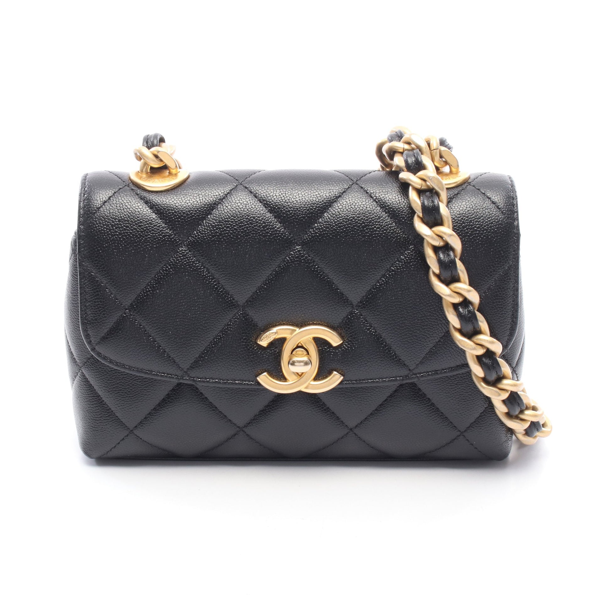 マトラッセ スモールフラップ チェーンショルダーバッグ キャビアスキン ブラック ゴールド金具 シャネル バッグ CHANEL