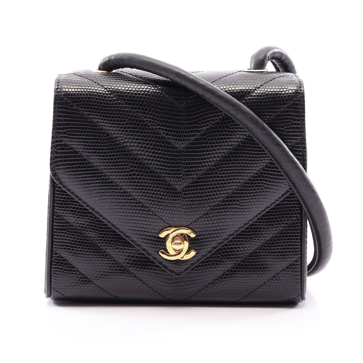 Vステッチ ミニ ショルダーバッグ リザード ブラック ゴールド金具 シャネル バッグ CHANEL