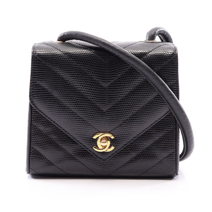 Vステッチ ミニ ショルダーバッグ リザード ブラック ゴールド金具 シャネル バッグ CHANEL