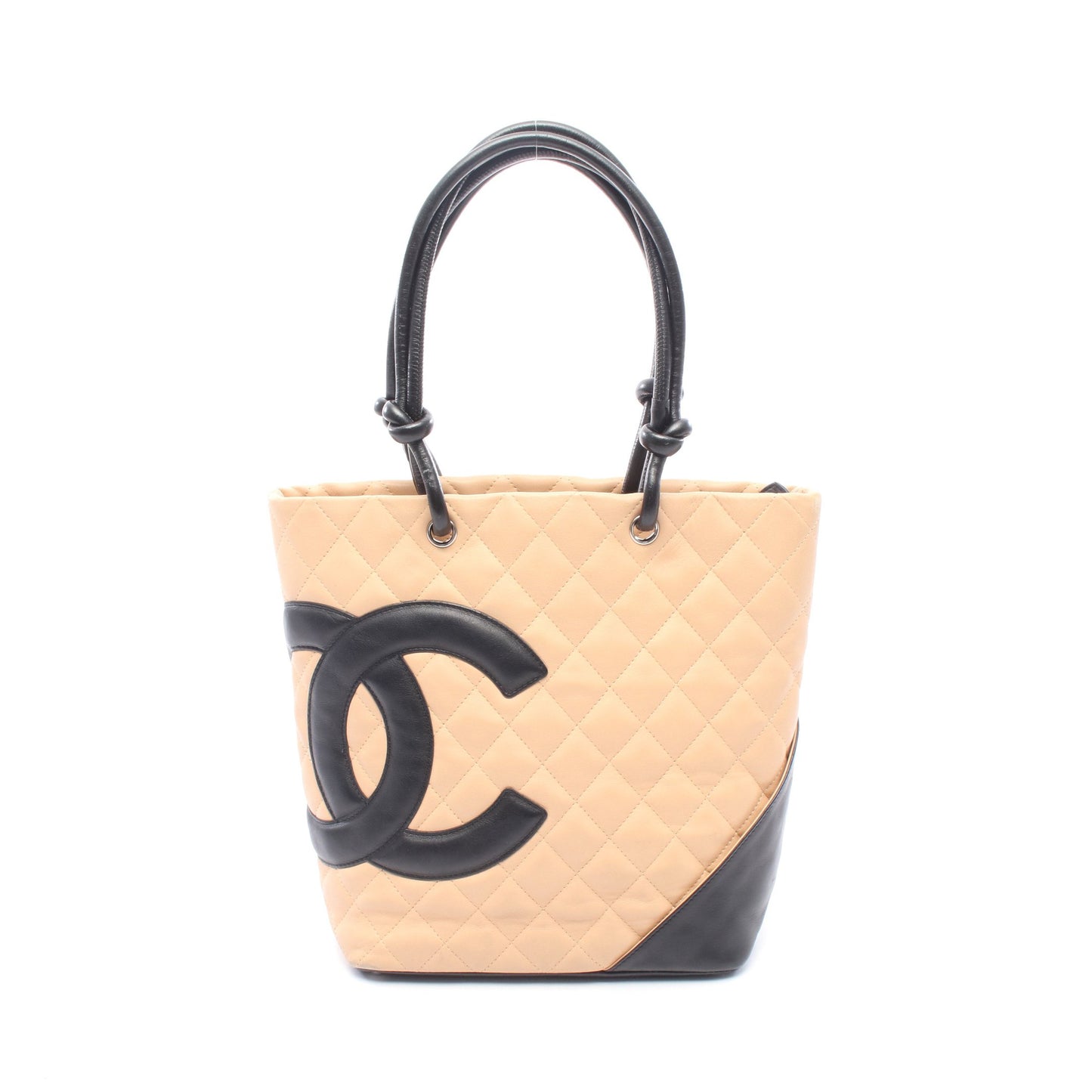 カンボンライン ミディアム ハンドバッグ トートバッグ レザー ベージュ ブラック シルバー金具 シャネル バッグ CHANEL