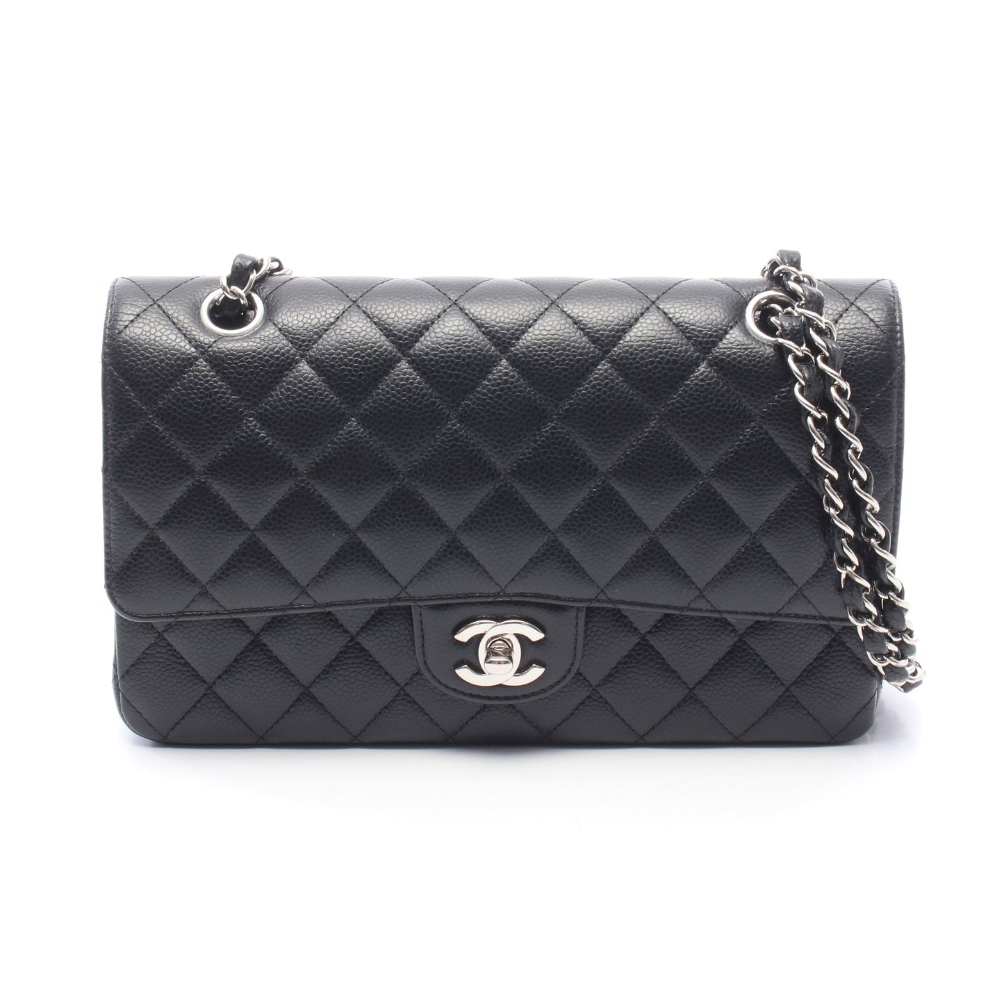 マトラッセ Wフラップ Wチェーンショルダーバッグ キャビアスキン ブラック シルバー金具 シャネル バッグ CHANEL
