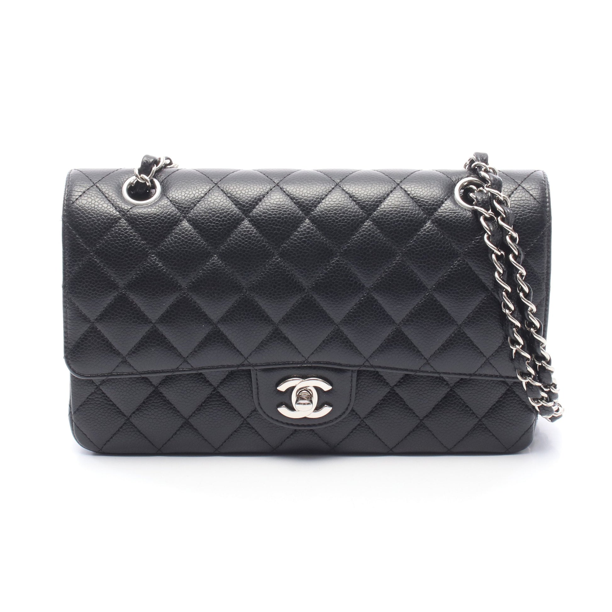 マトラッセ Wフラップ Wチェーンショルダーバッグ キャビアスキン ブラック シルバー金具 シャネル バッグ CHANEL