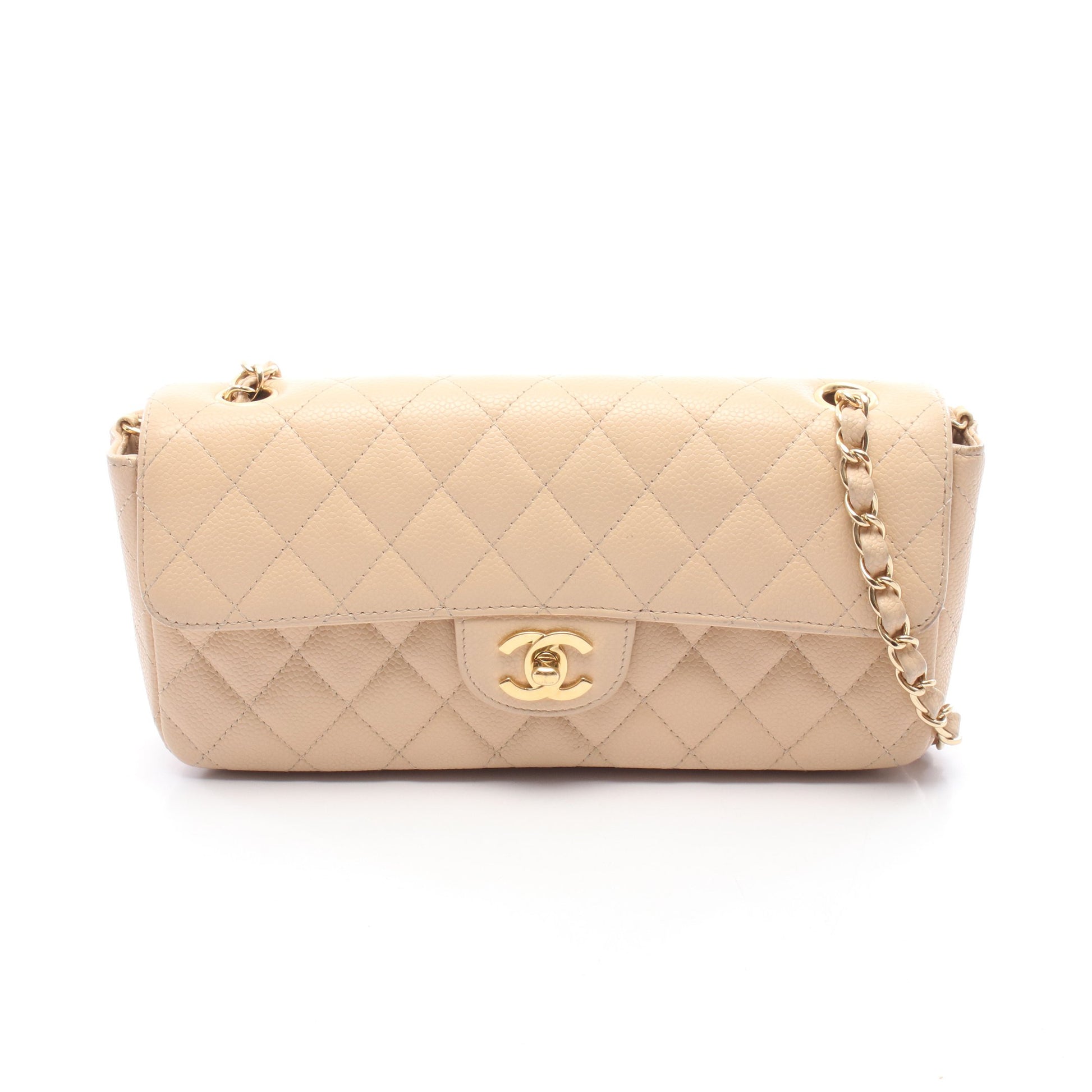 マトラッセ イーストウエスト チェーンショルダーバッグ キャビアスキン ベージュ ゴールド金具 シャネル バッグ CHANEL